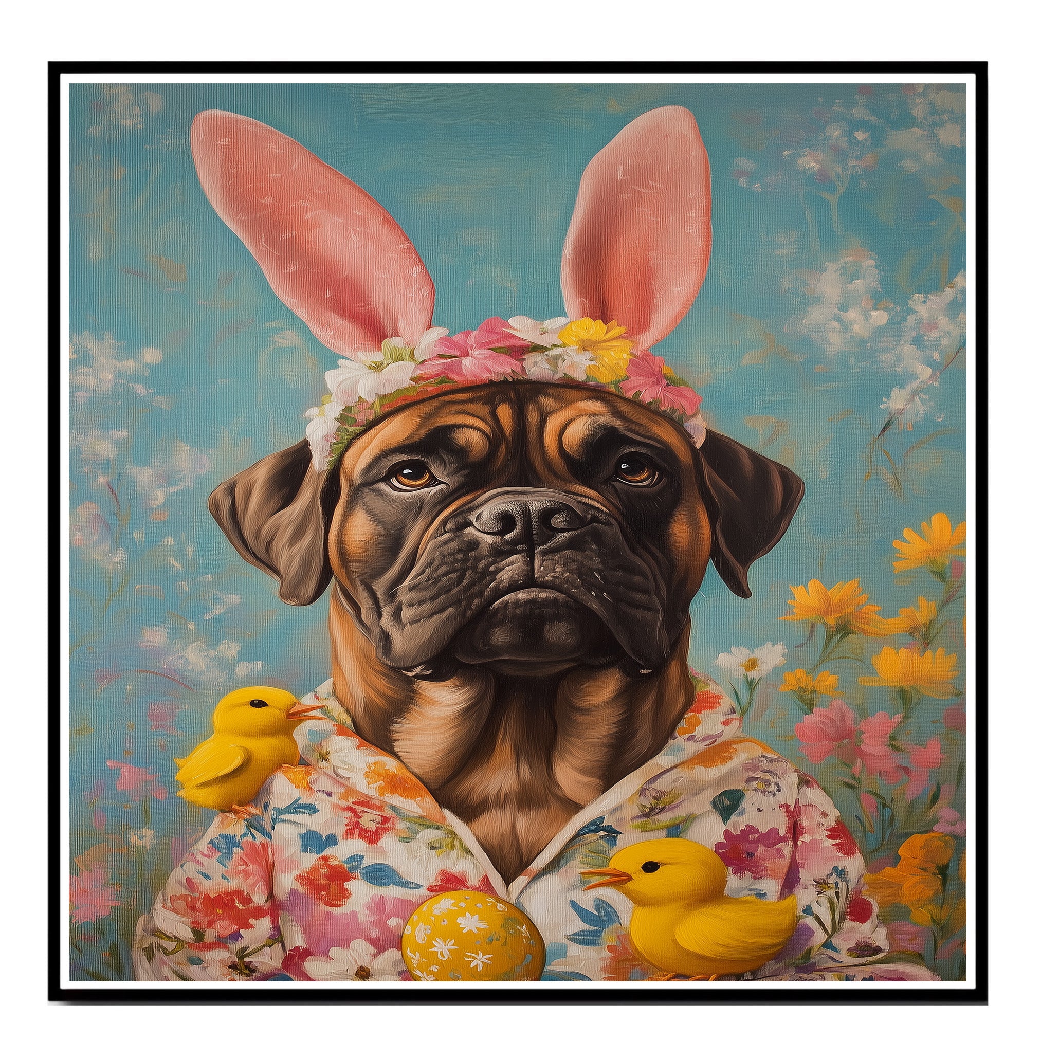 Easter Elegance: Bullmastiff Dressed in a Festive Spring Ensemble on Premium Canvas Wrap, Framed Print, or Rolled Artwork