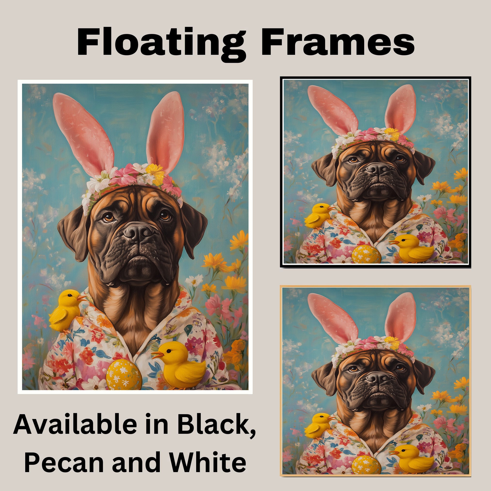 Easter Elegance: Bullmastiff Dressed in a Festive Spring Ensemble on Premium Canvas Wrap, Framed Print, or Rolled Artwork