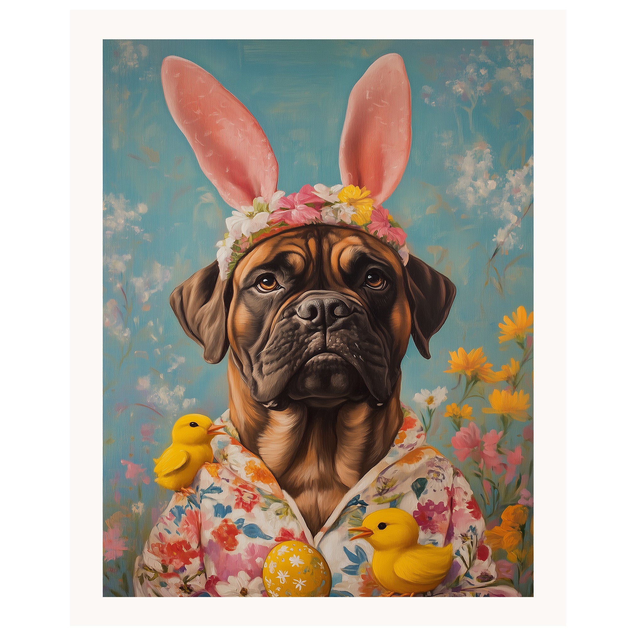 Easter Elegance: Bullmastiff Dressed in a Festive Spring Ensemble on Premium Canvas Wrap, Framed Print, or Rolled Artwork