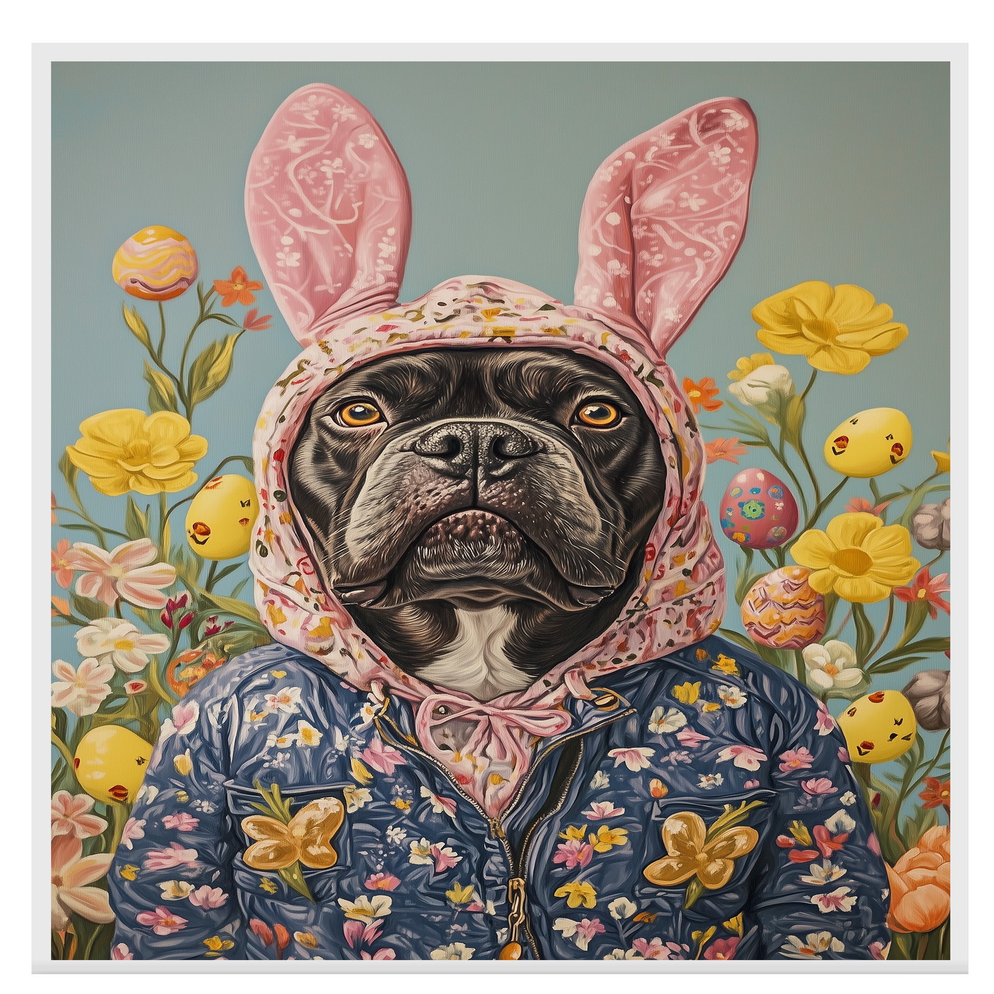 Hoppy Vibes: Cane Corso Posing in a Festive Springtime Outfit on High-Quality Canvas Wrap, Framed Print, or Rolled Artwork