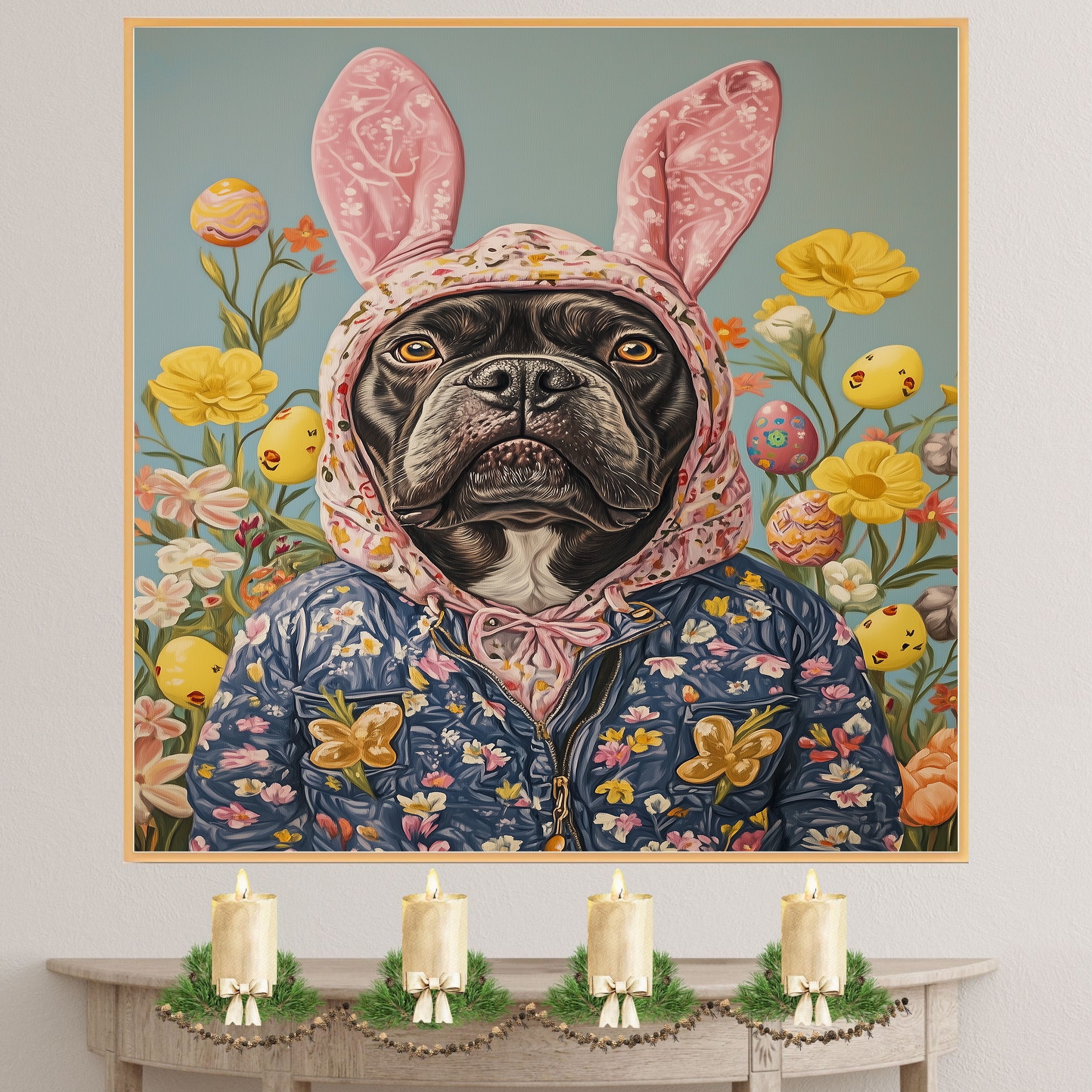 Hoppy Vibes: Cane Corso Posing in a Festive Springtime Outfit on High-Quality Canvas Wrap, Framed Print, or Rolled Artwork