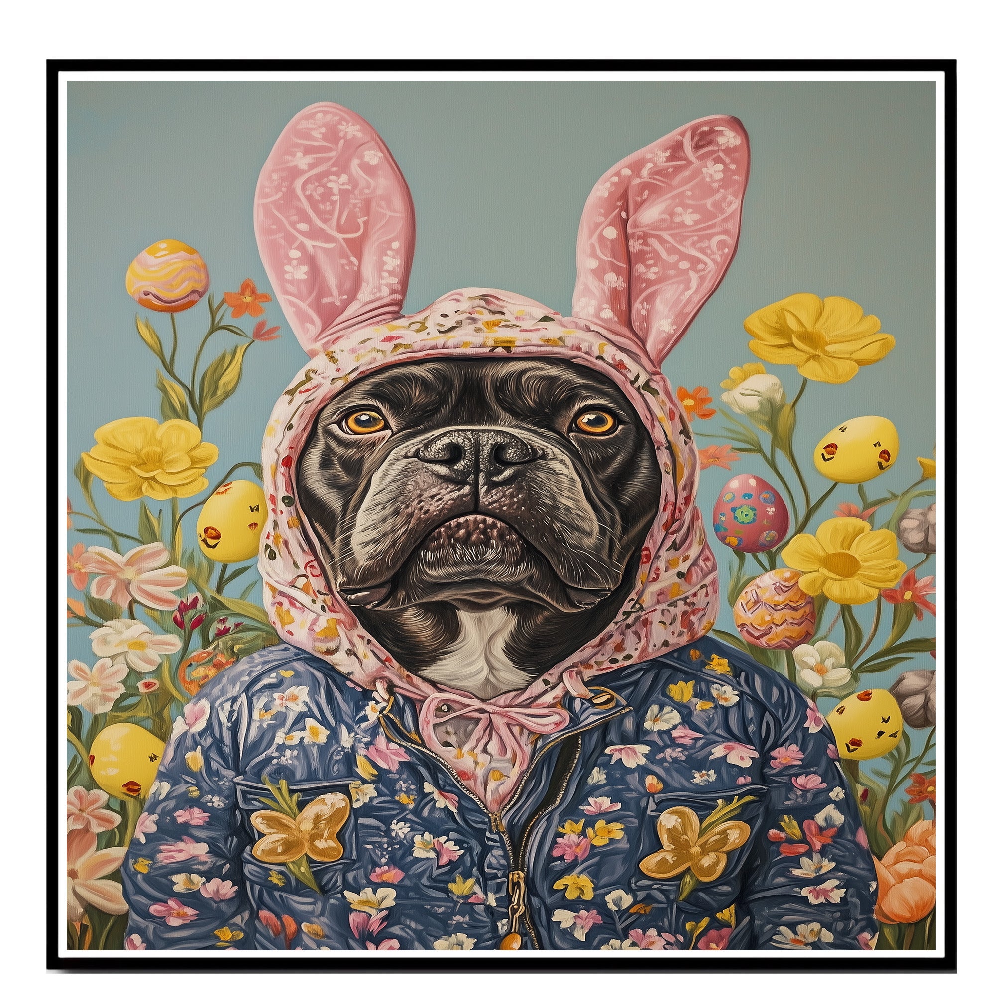 Hoppy Vibes: Cane Corso Posing in a Festive Springtime Outfit on High-Quality Canvas Wrap, Framed Print, or Rolled Artwork