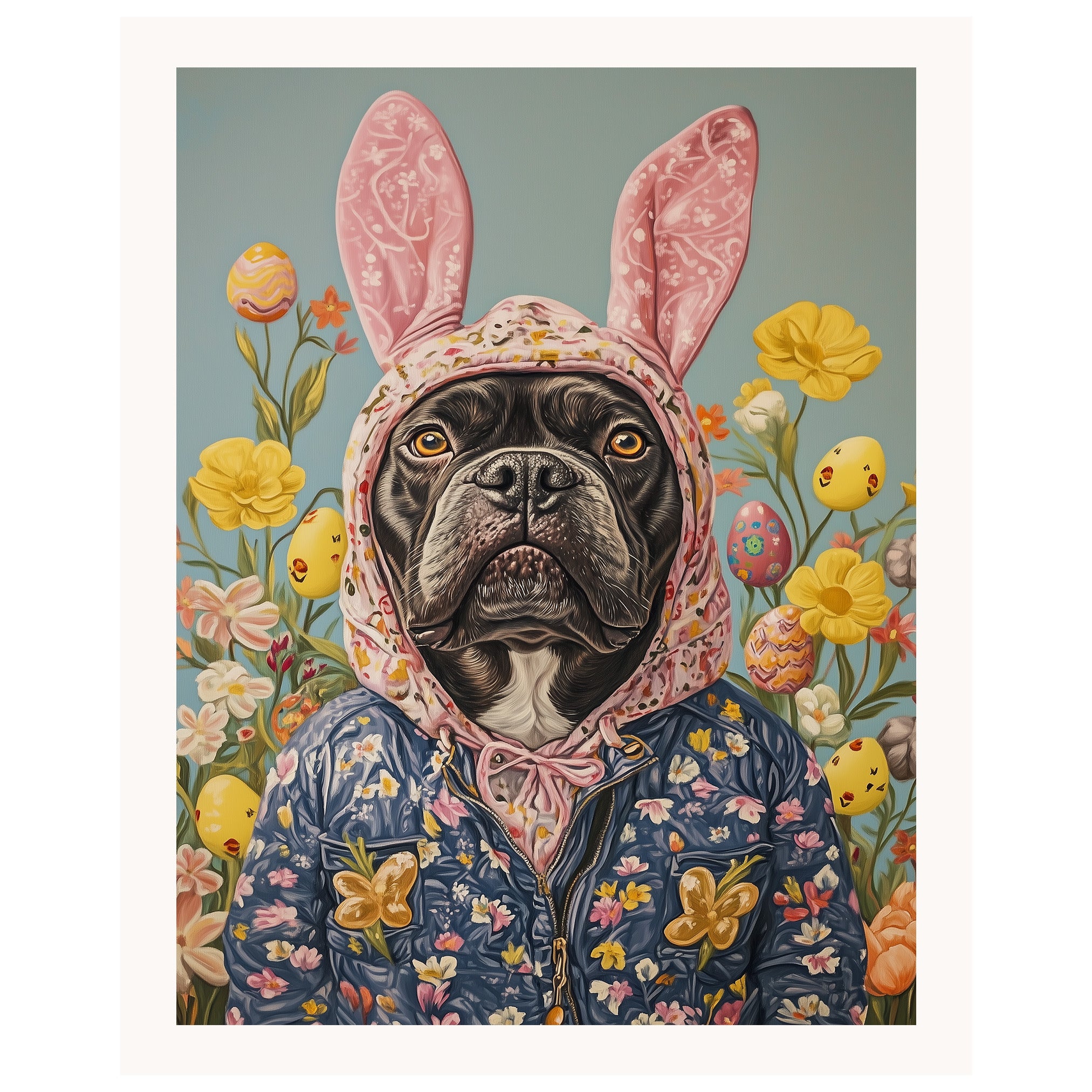 Hoppy Vibes: Cane Corso Posing in a Festive Springtime Outfit on High-Quality Canvas Wrap, Framed Print, or Rolled Artwork