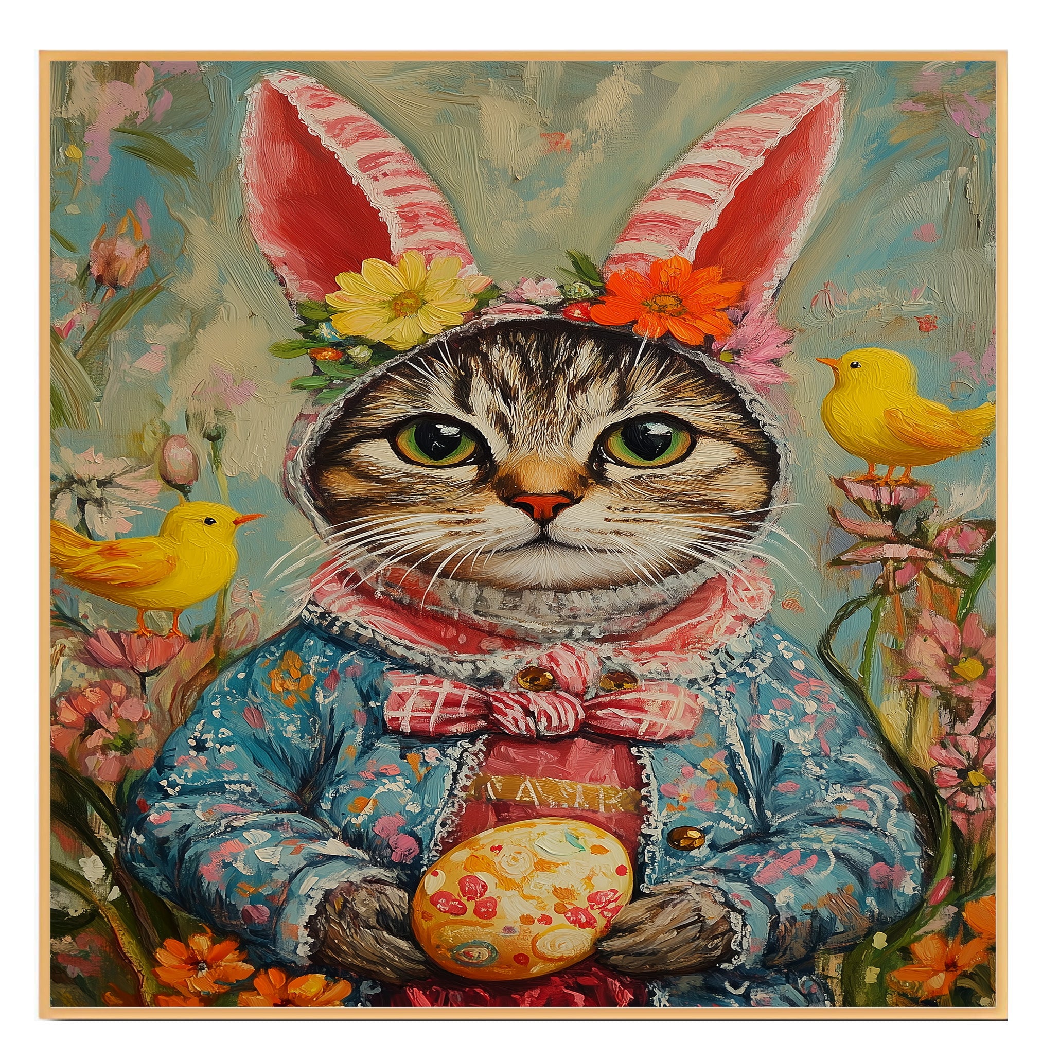 Festive Feline: Adorable Cat Showing Off a Playful Springtime Look on Decorative Canvas Wrap, Framed Print, or Rolled Artwork