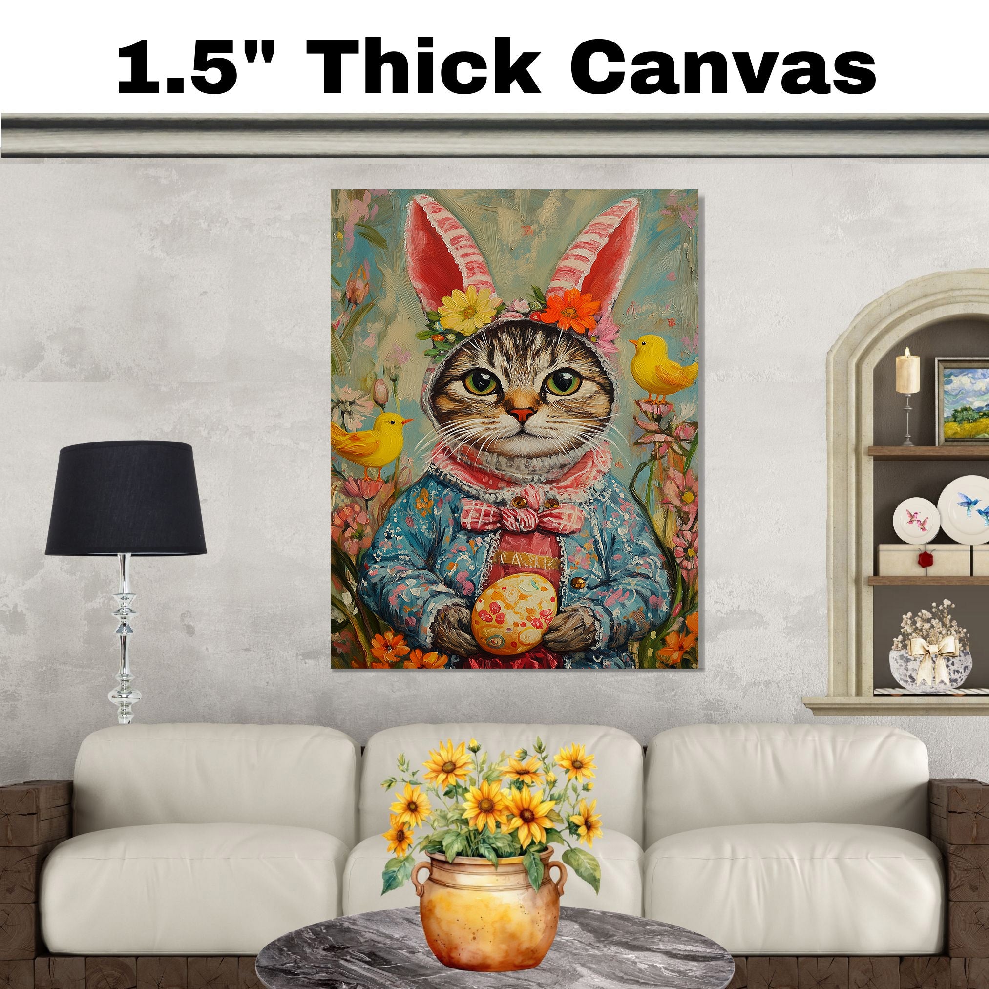 Festive Feline: Adorable Cat Showing Off a Playful Springtime Look on Decorative Canvas Wrap, Framed Print, or Rolled Artwork