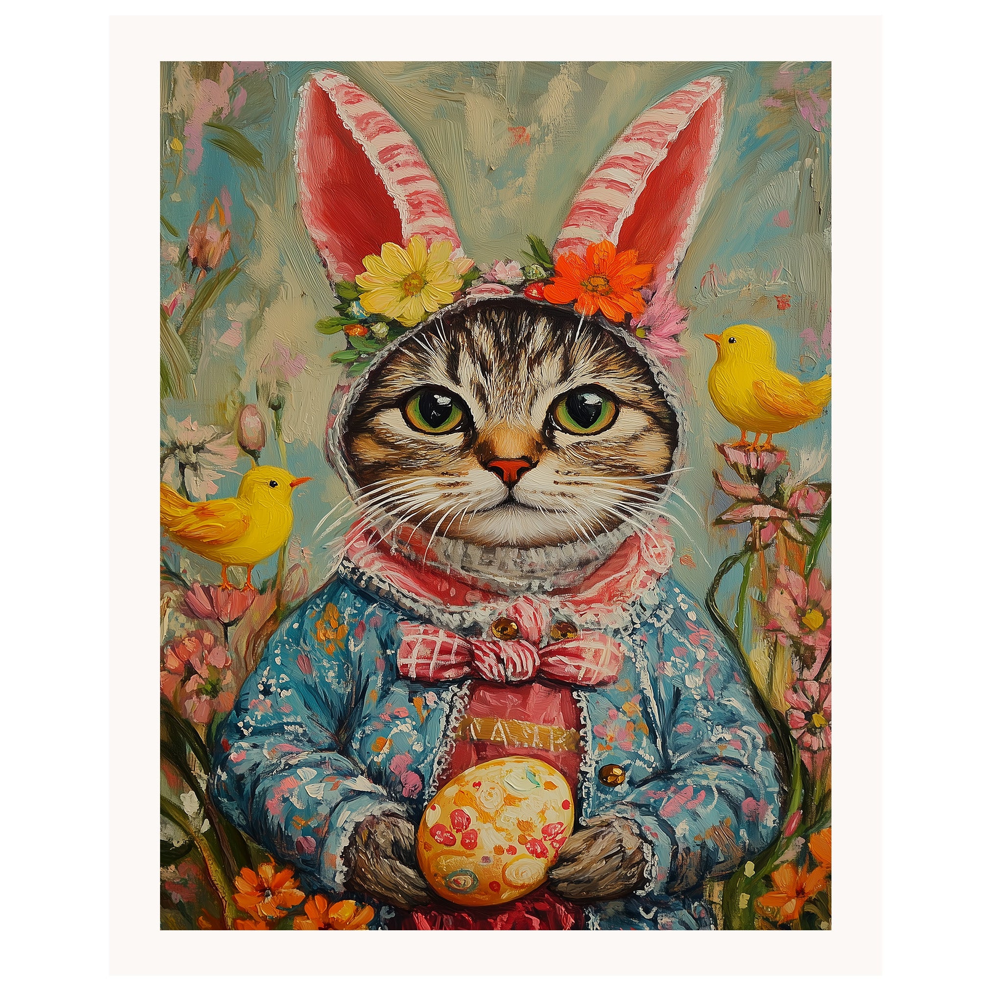 Festive Feline: Adorable Cat Showing Off a Playful Springtime Look on Decorative Canvas Wrap, Framed Print, or Rolled Artwork