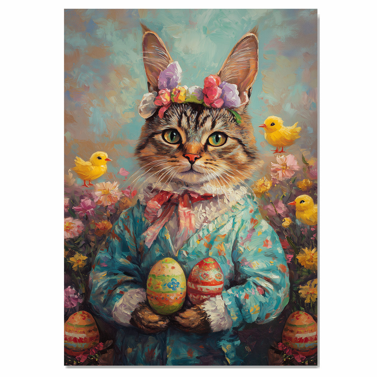 Springtime Whiskers: Cat Posing in a Festive Holiday Look on Premium Canvas Wrap, Framed Print, or Rolled Artwork