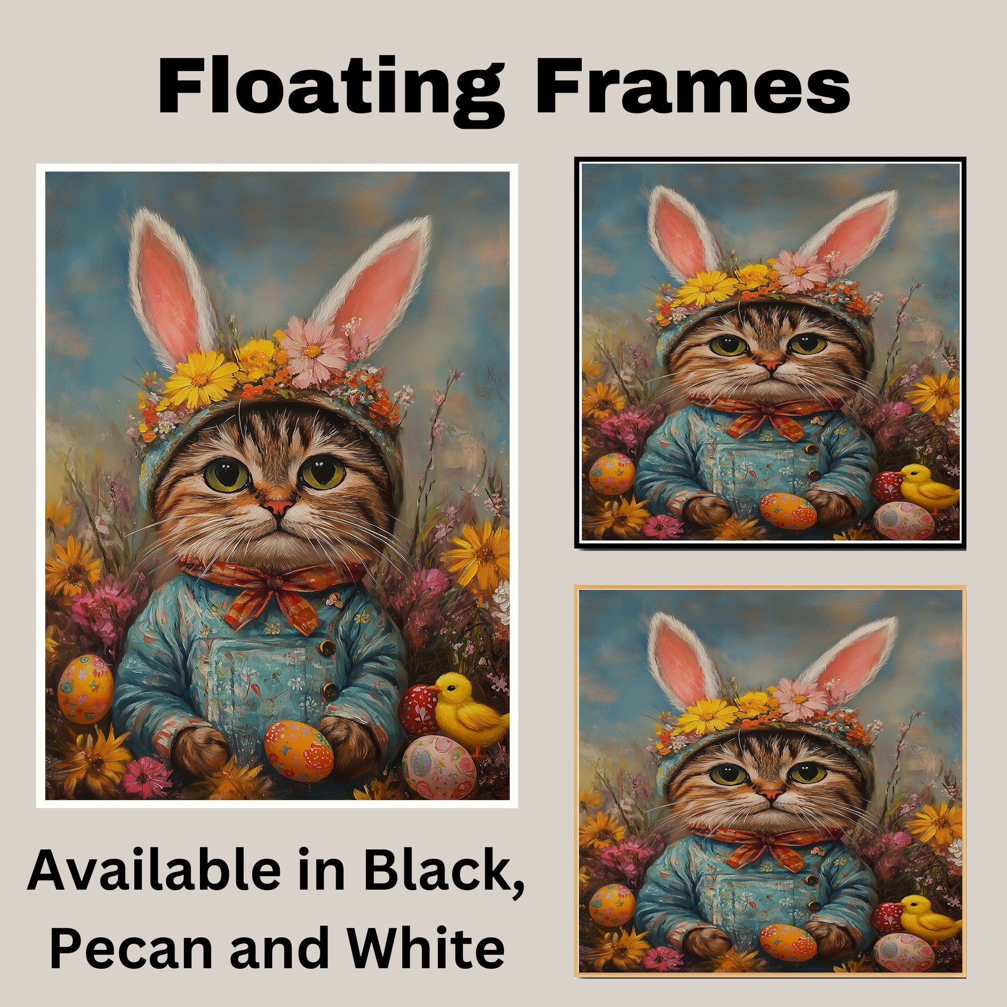Easter Delight: Stylish Cat Dressed in a Cheerful Spring Ensemble on Artistic Canvas Wrap, Framed Print, or Rolled Artwork