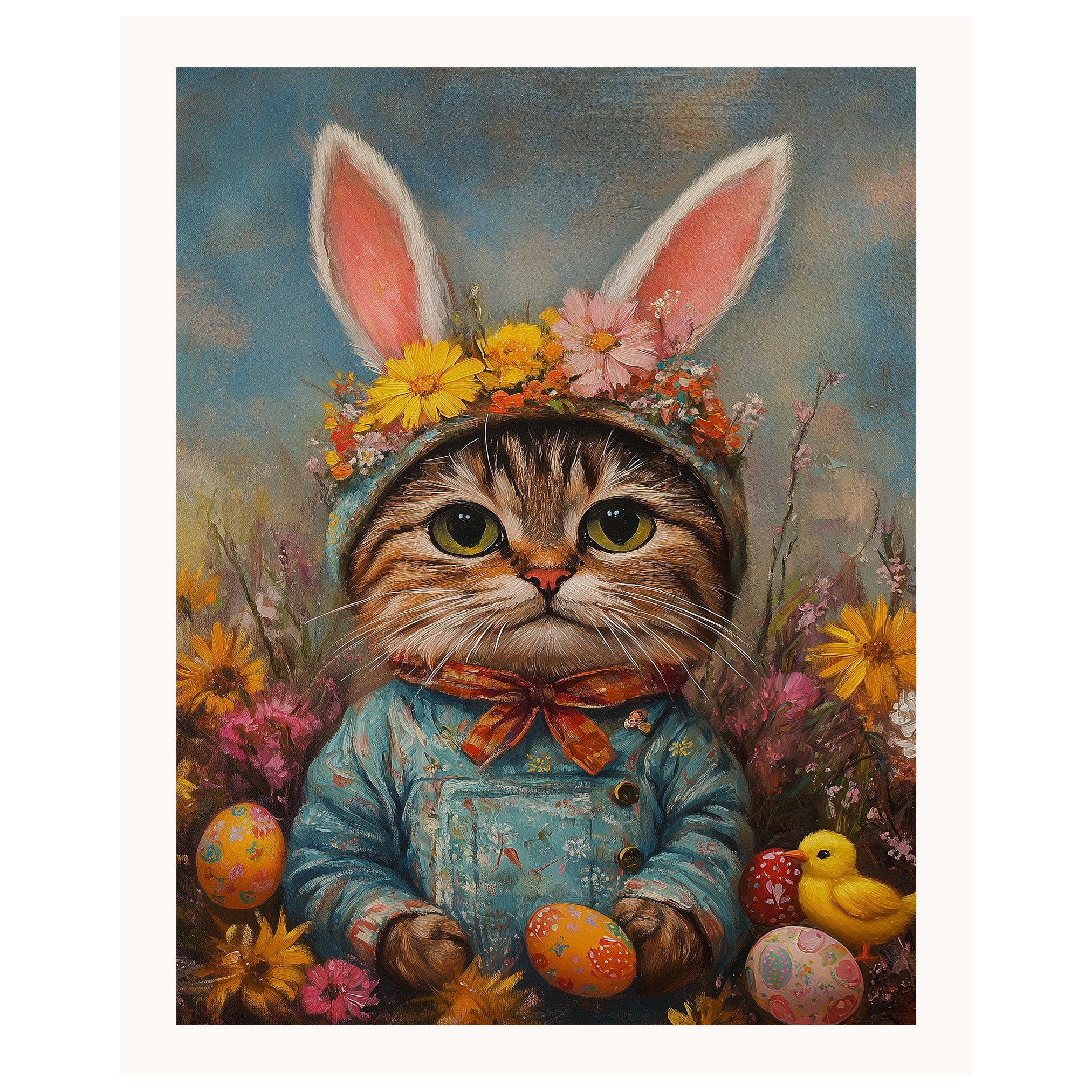 Easter Delight: Stylish Cat Dressed in a Cheerful Spring Ensemble on Artistic Canvas Wrap, Framed Print, or Rolled Artwork
