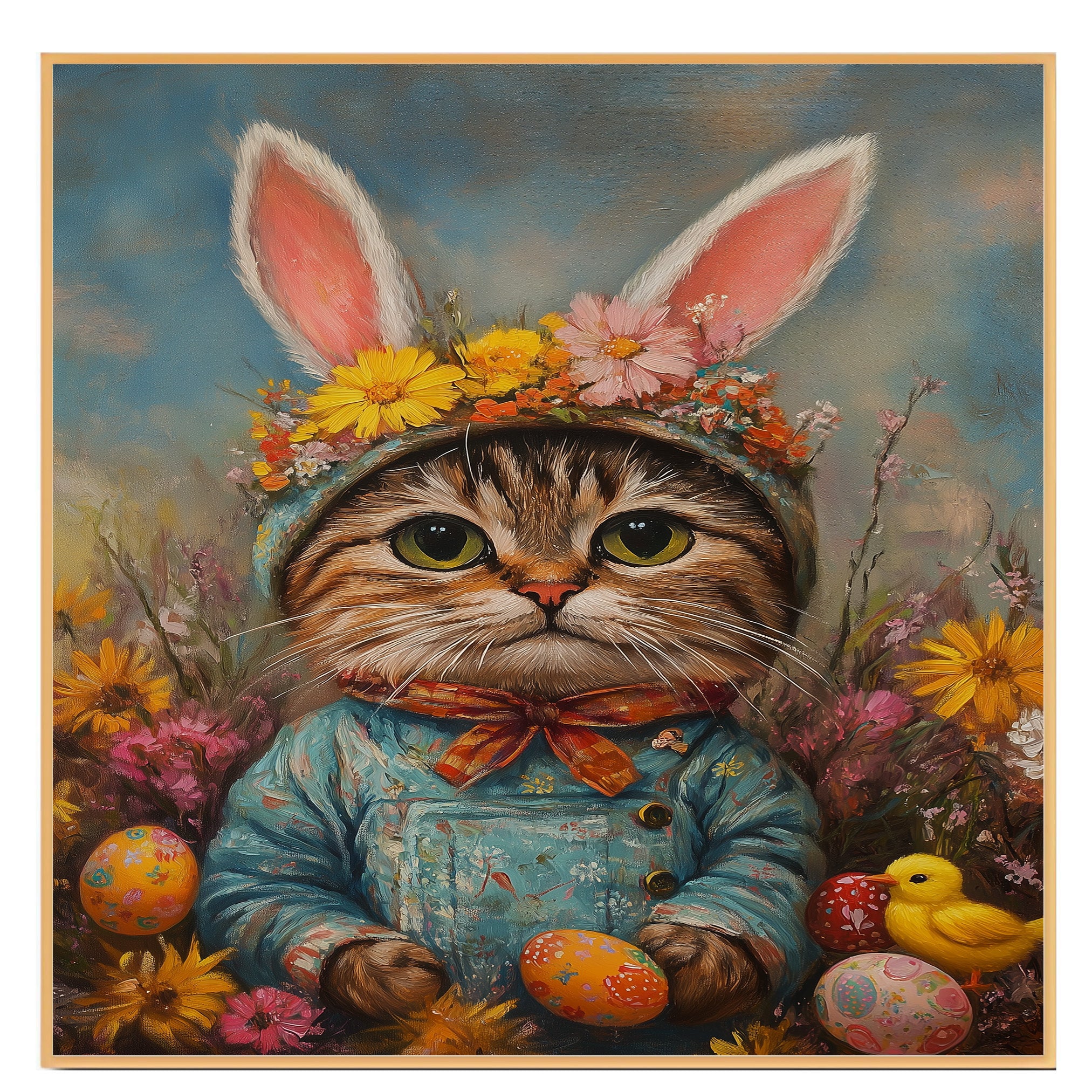 Easter Delight: Stylish Cat Dressed in a Cheerful Spring Ensemble on Artistic Canvas Wrap, Framed Print, or Rolled Artwork