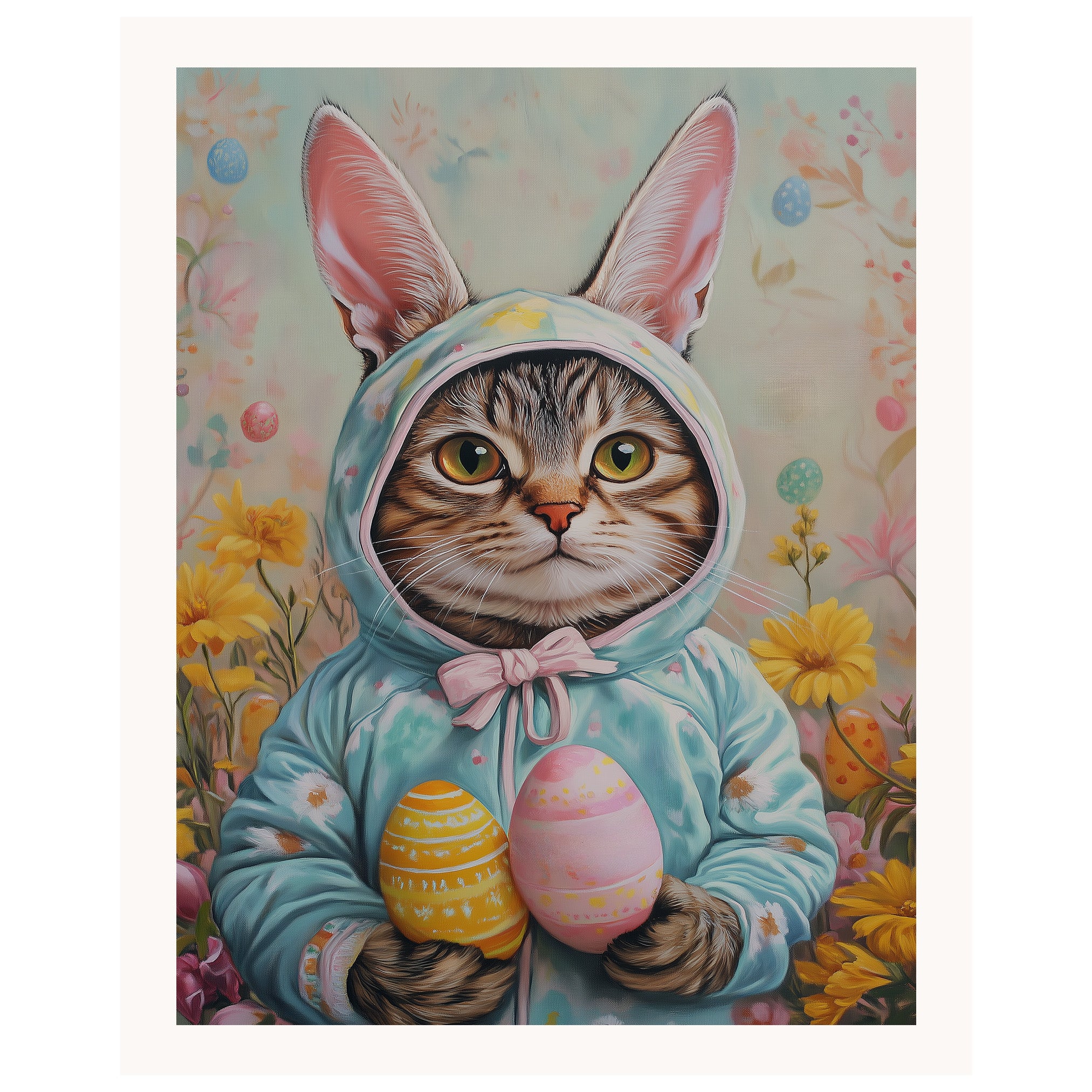 Whiskers in Bloom: Charming Cat Dressed for a Joyful Spring Celebration on Canvas Wrap, Framed Print, or Rolled Artwork