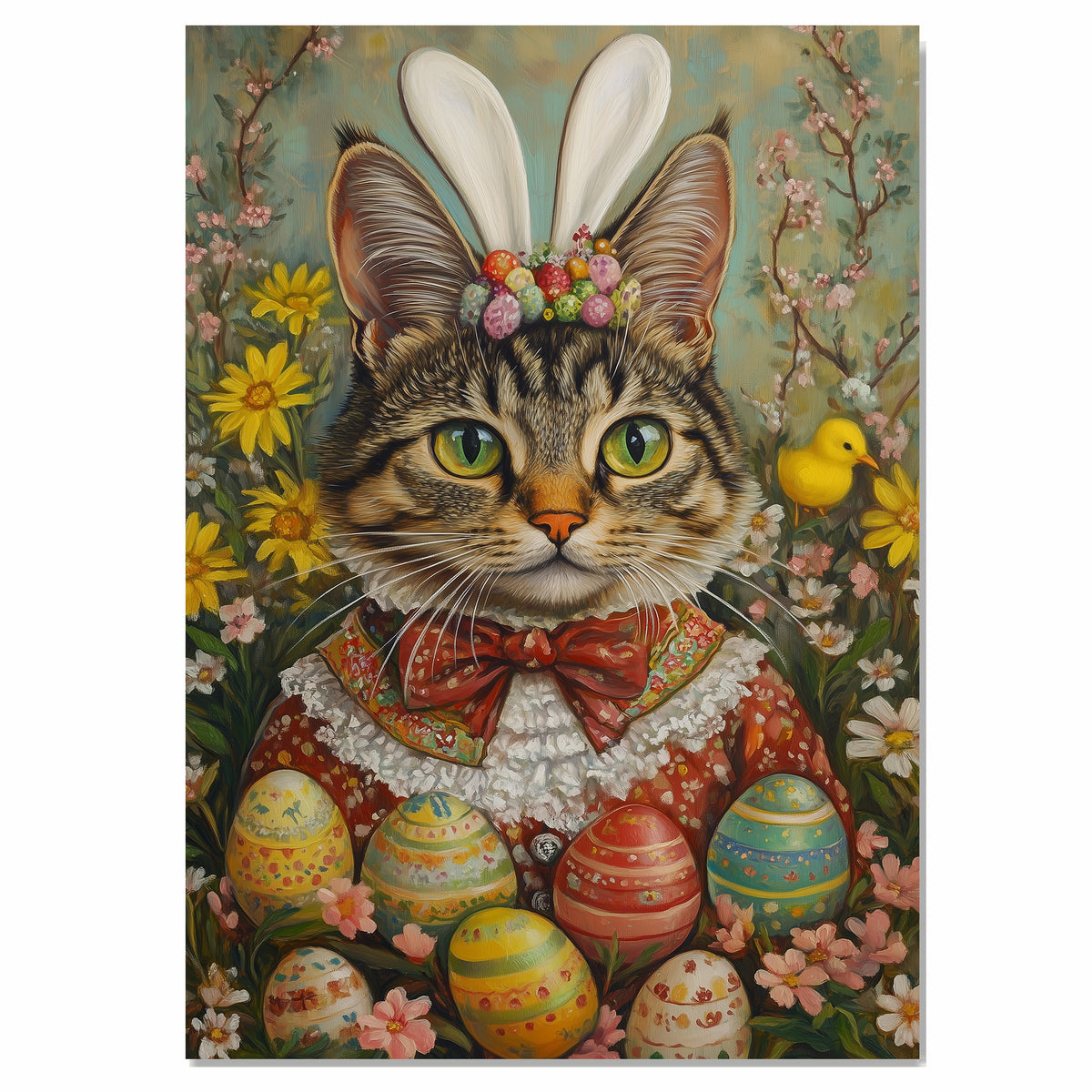 Paws and Petals: Elegant Cat Styled in a Cheerful Spring Attire on Canvas Wrap, Framed Print, or Rolled Artwork