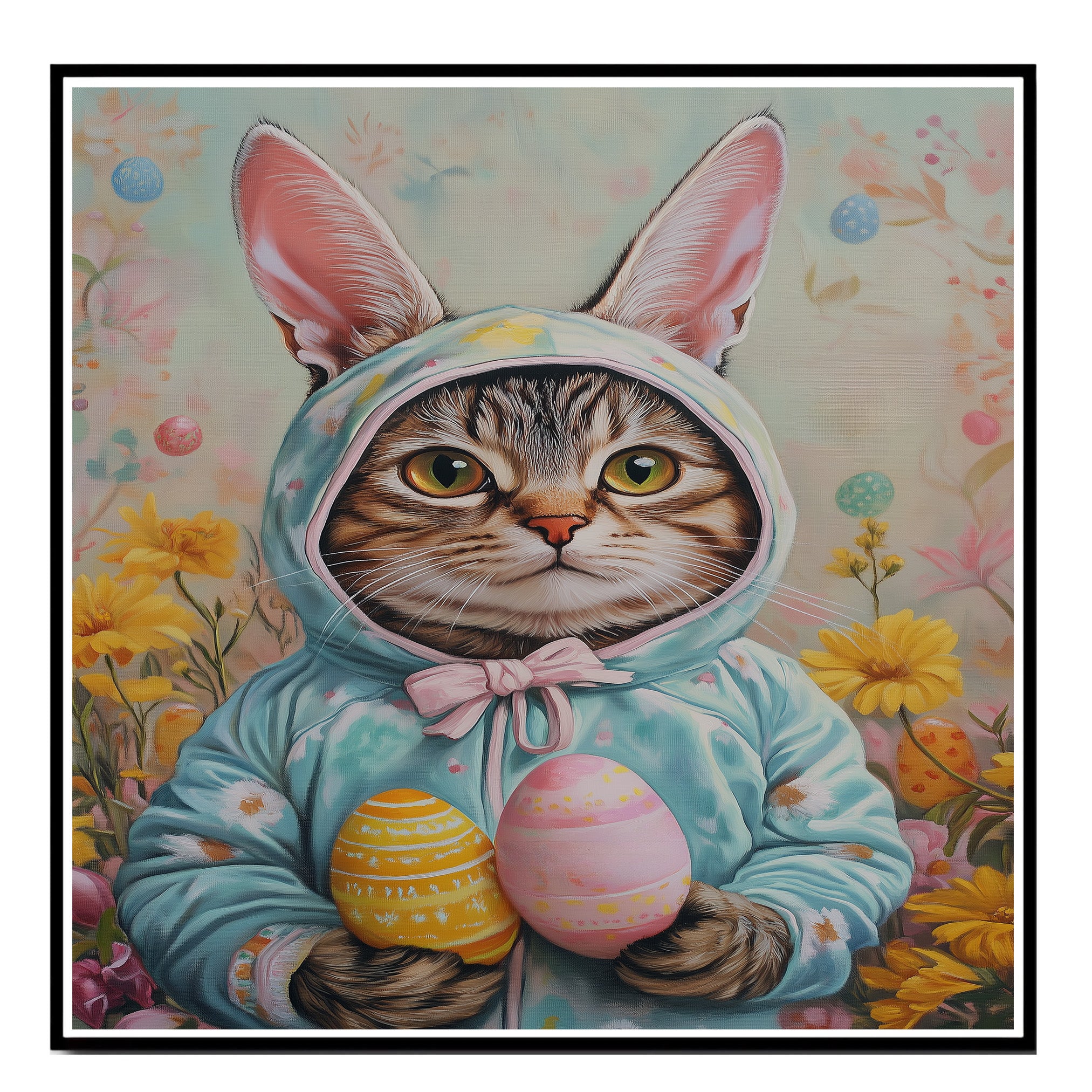 Whiskers in Bloom: Charming Cat Dressed for a Joyful Spring Celebration on Canvas Wrap, Framed Print, or Rolled Artwork
