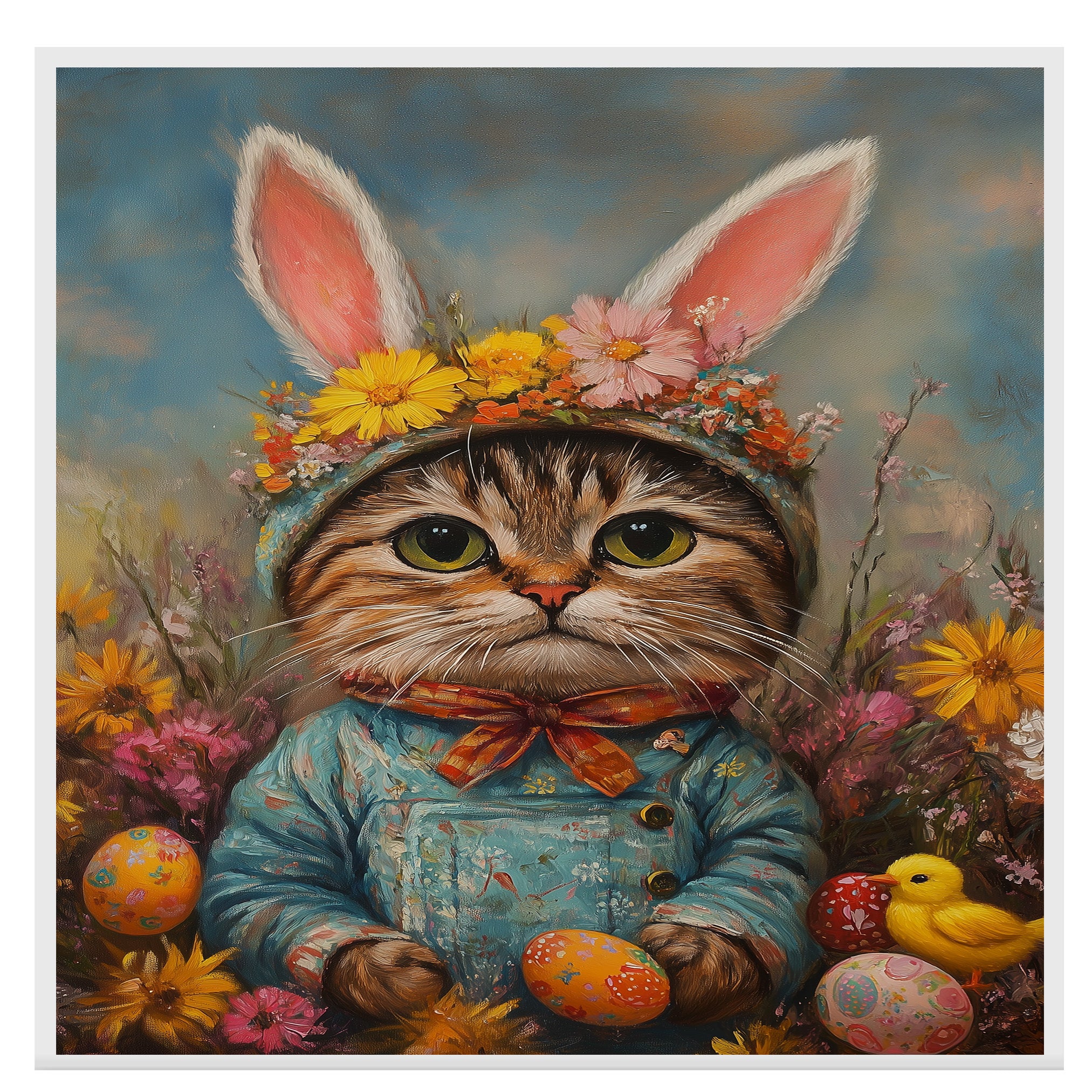 Easter Delight: Stylish Cat Dressed in a Cheerful Spring Ensemble on Artistic Canvas Wrap, Framed Print, or Rolled Artwork