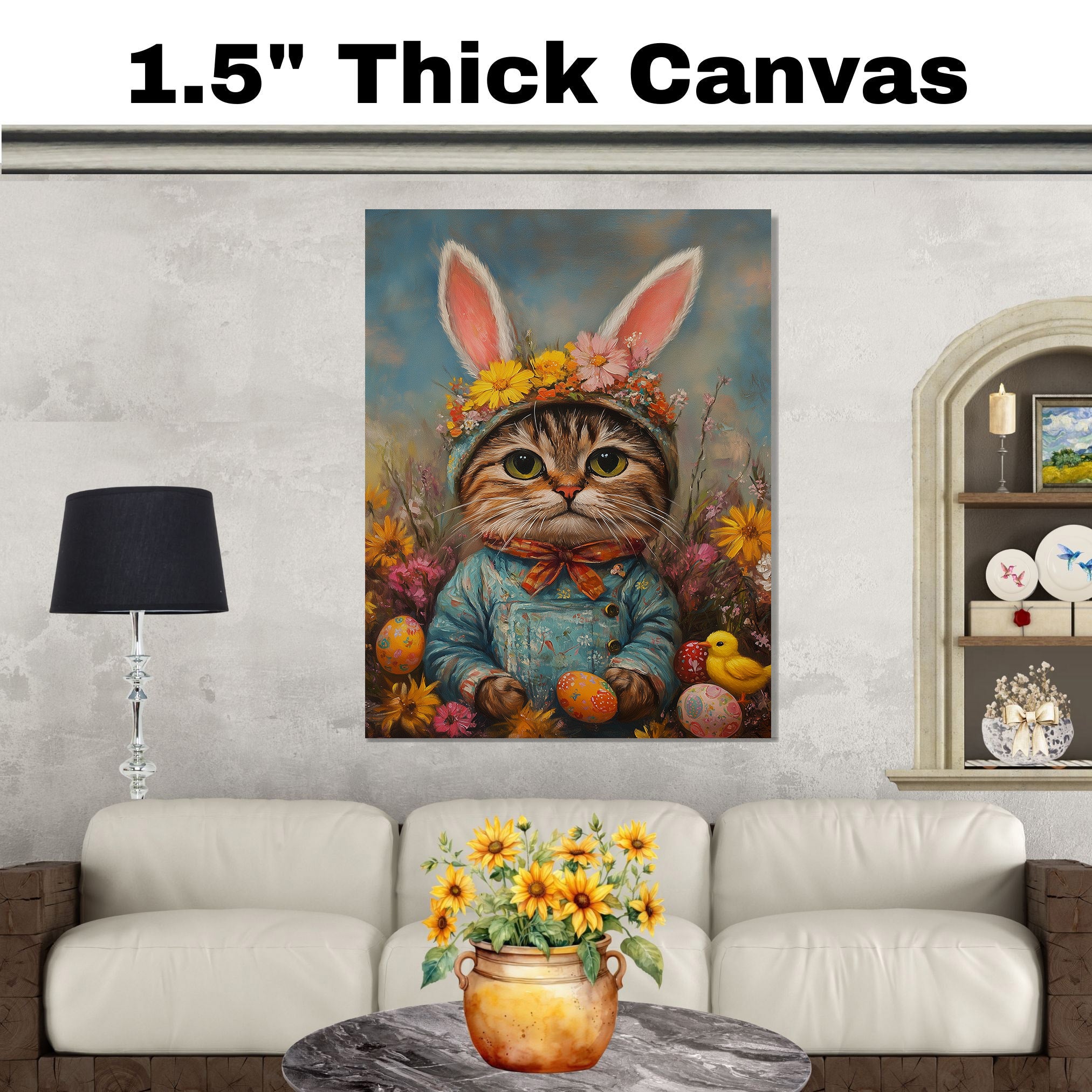 Easter Delight: Stylish Cat Dressed in a Cheerful Spring Ensemble on Artistic Canvas Wrap, Framed Print, or Rolled Artwork