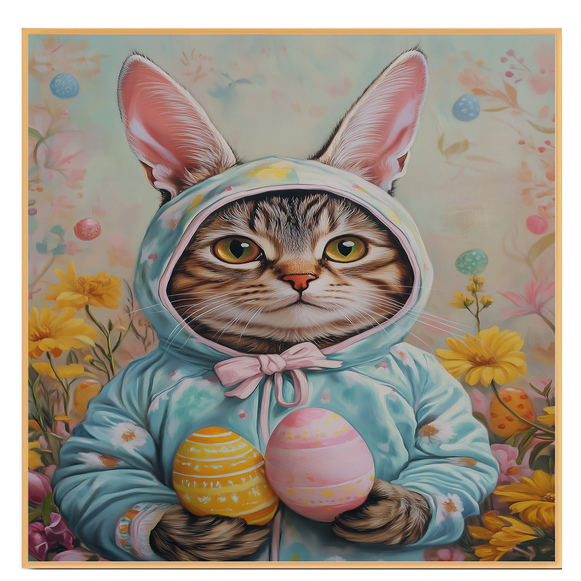 Whiskers in Bloom: Charming Cat Dressed for a Joyful Spring Celebration on Canvas Wrap, Framed Print, or Rolled Artwork