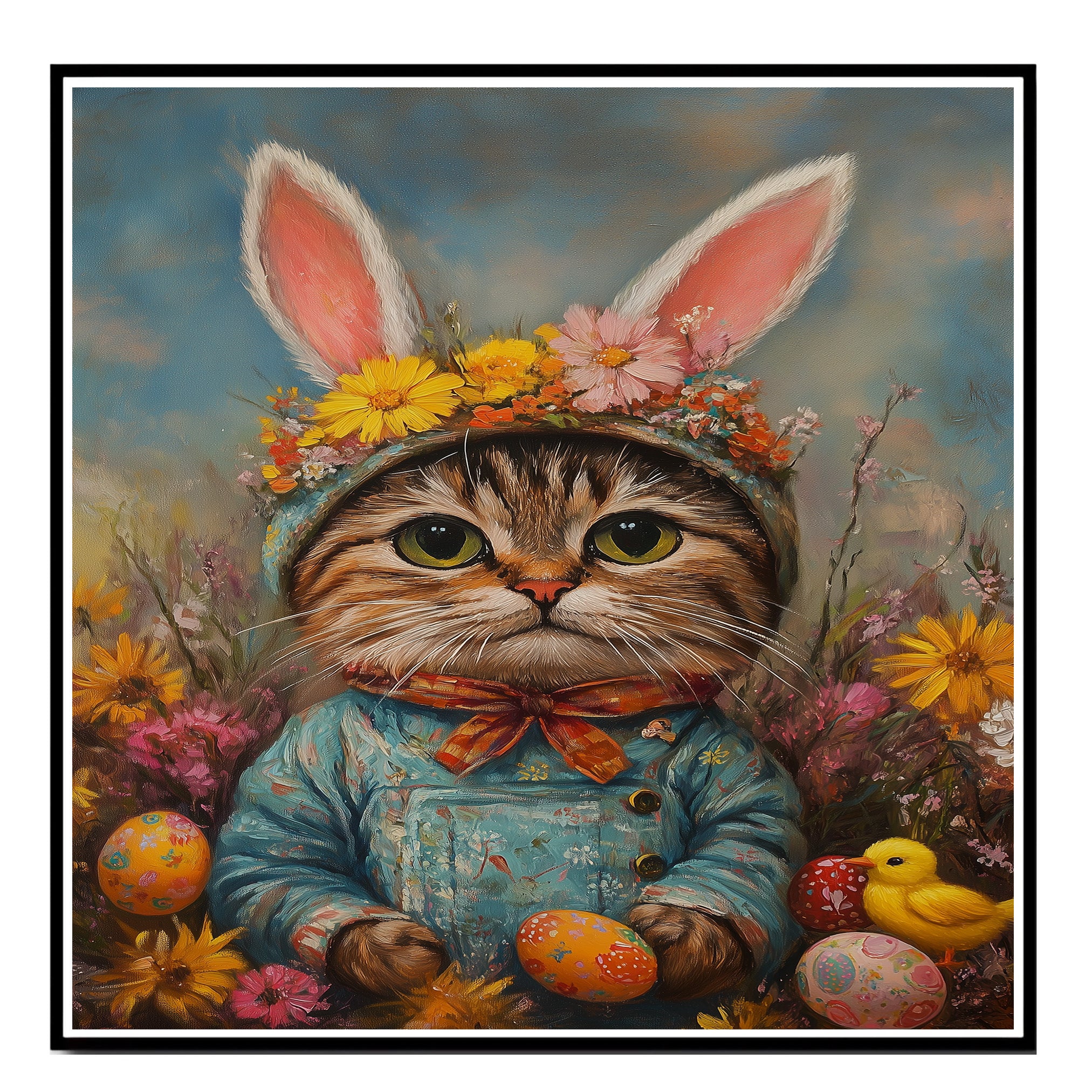 Easter Delight: Stylish Cat Dressed in a Cheerful Spring Ensemble on Artistic Canvas Wrap, Framed Print, or Rolled Artwork