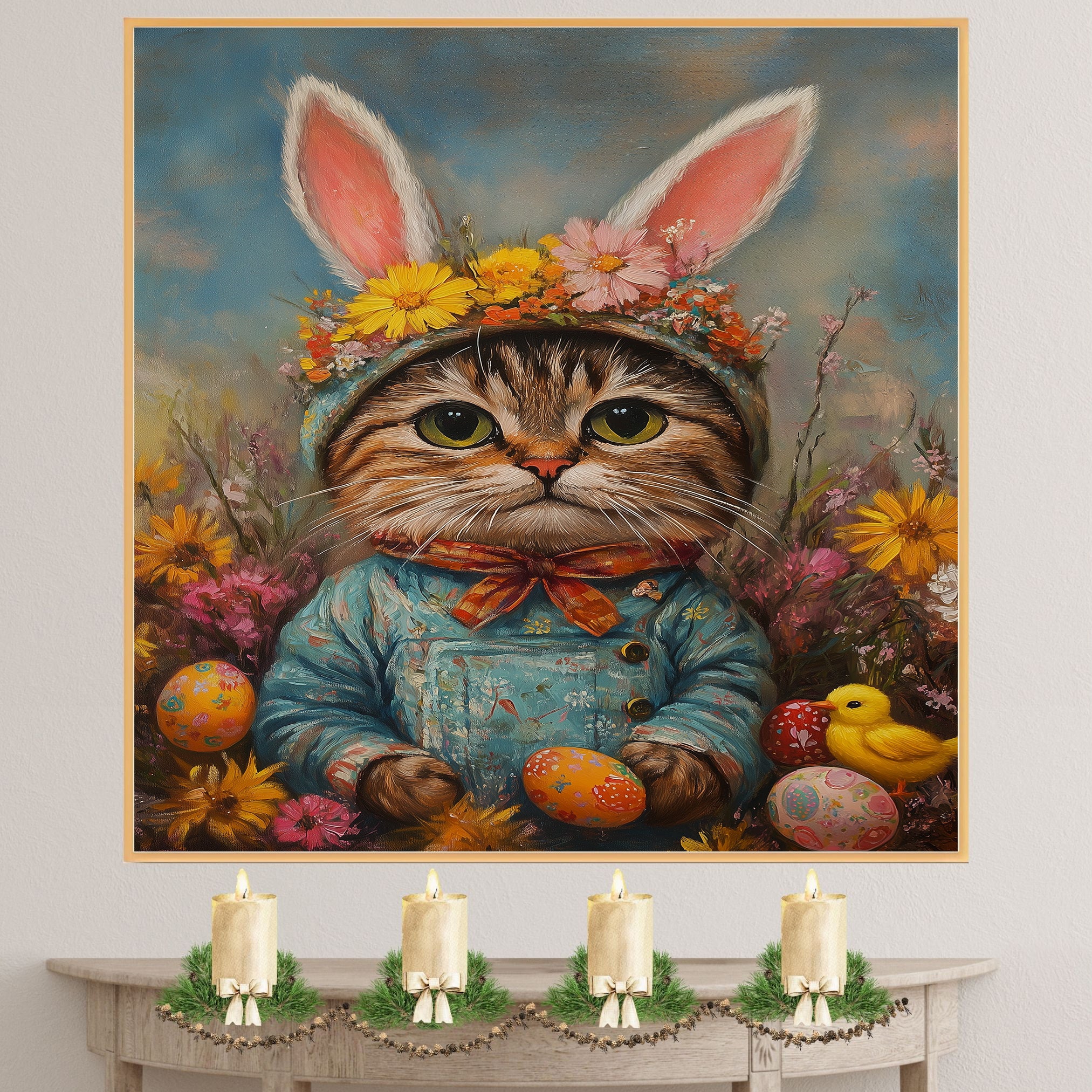 Easter Delight: Stylish Cat Dressed in a Cheerful Spring Ensemble on Artistic Canvas Wrap, Framed Print, or Rolled Artwork