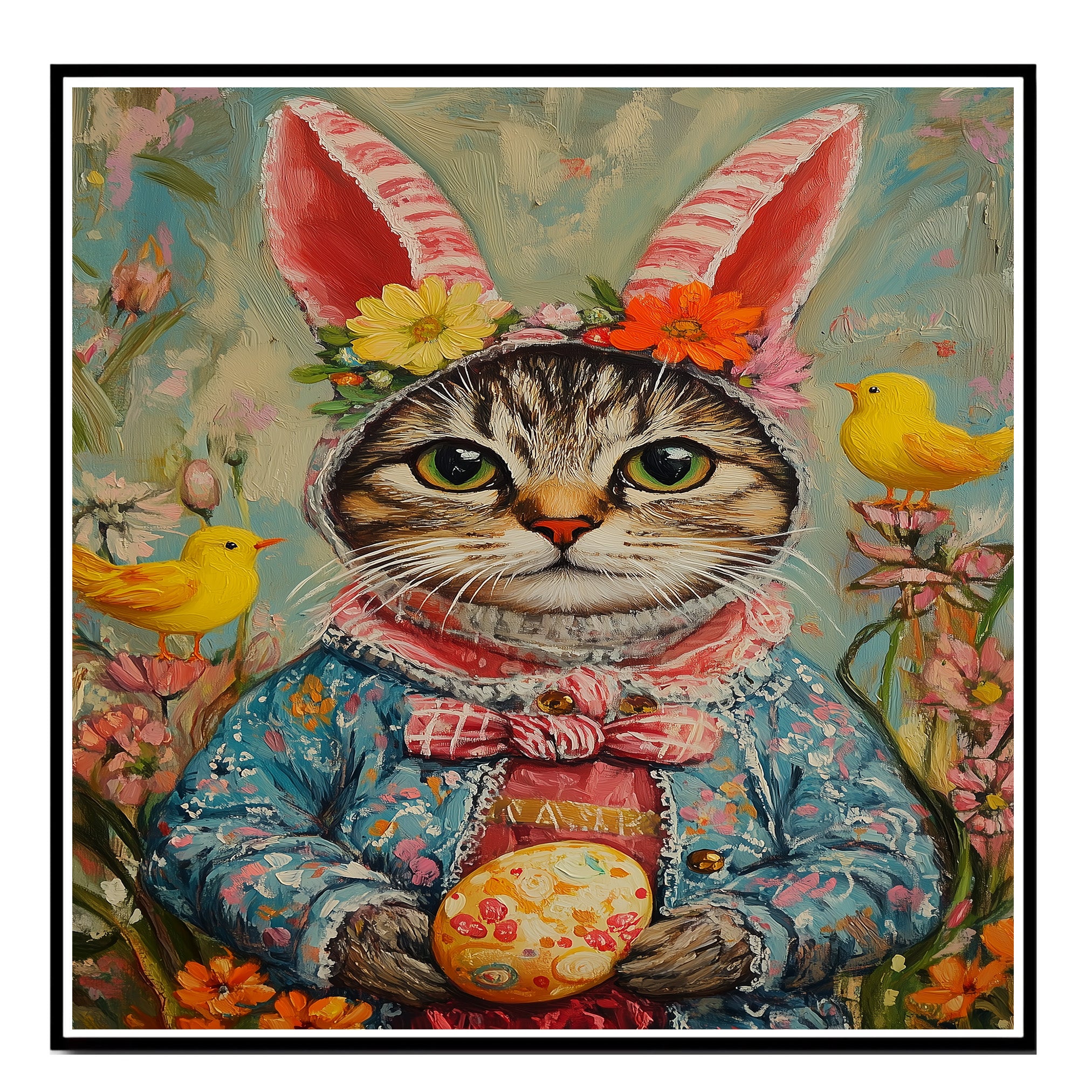 Festive Feline: Adorable Cat Showing Off a Playful Springtime Look on Decorative Canvas Wrap, Framed Print, or Rolled Artwork