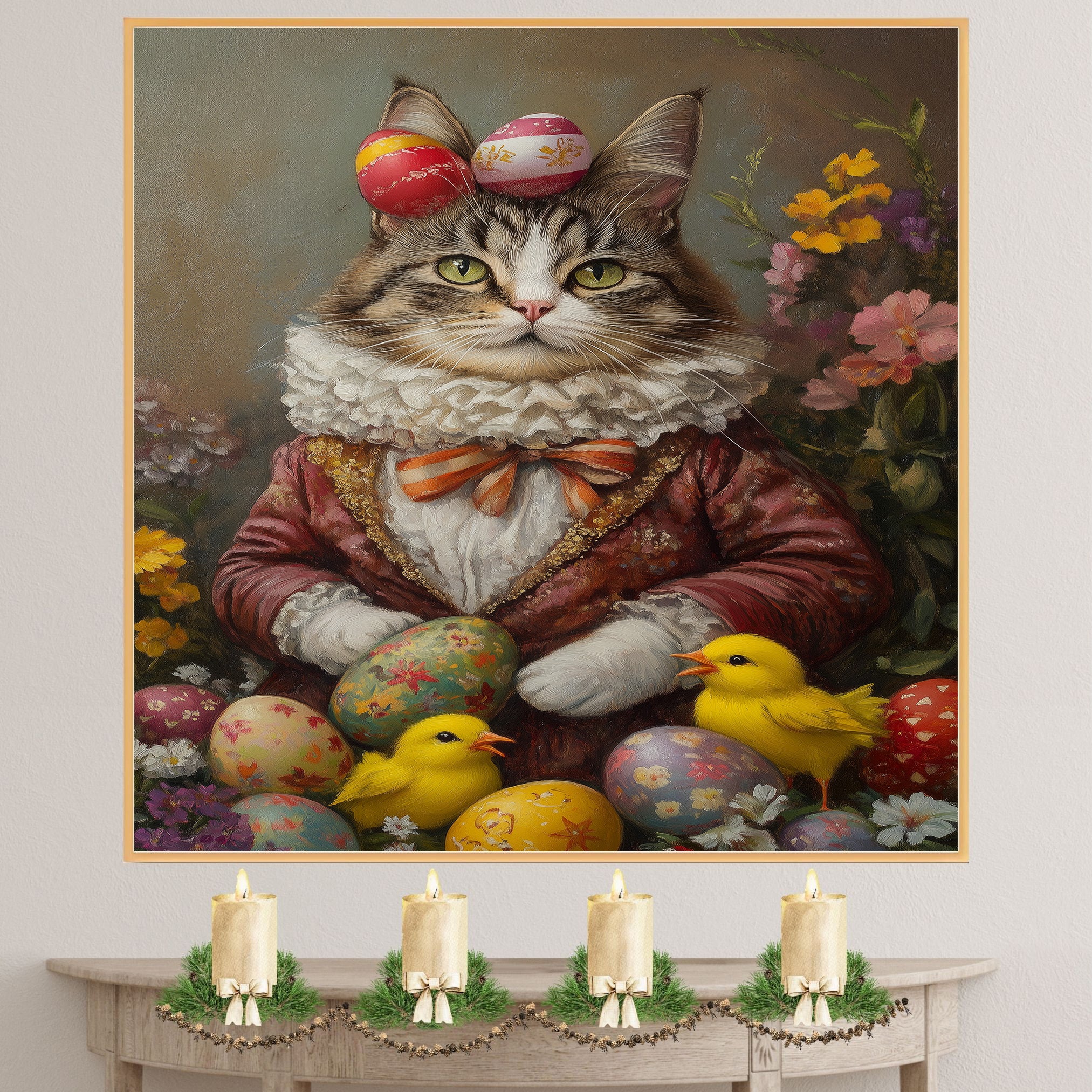 Hoppy Kitty: Adorable Cat Dressed in a Festive Spring Costume on Canvas Wrap, Framed Print, or Rolled Artwork