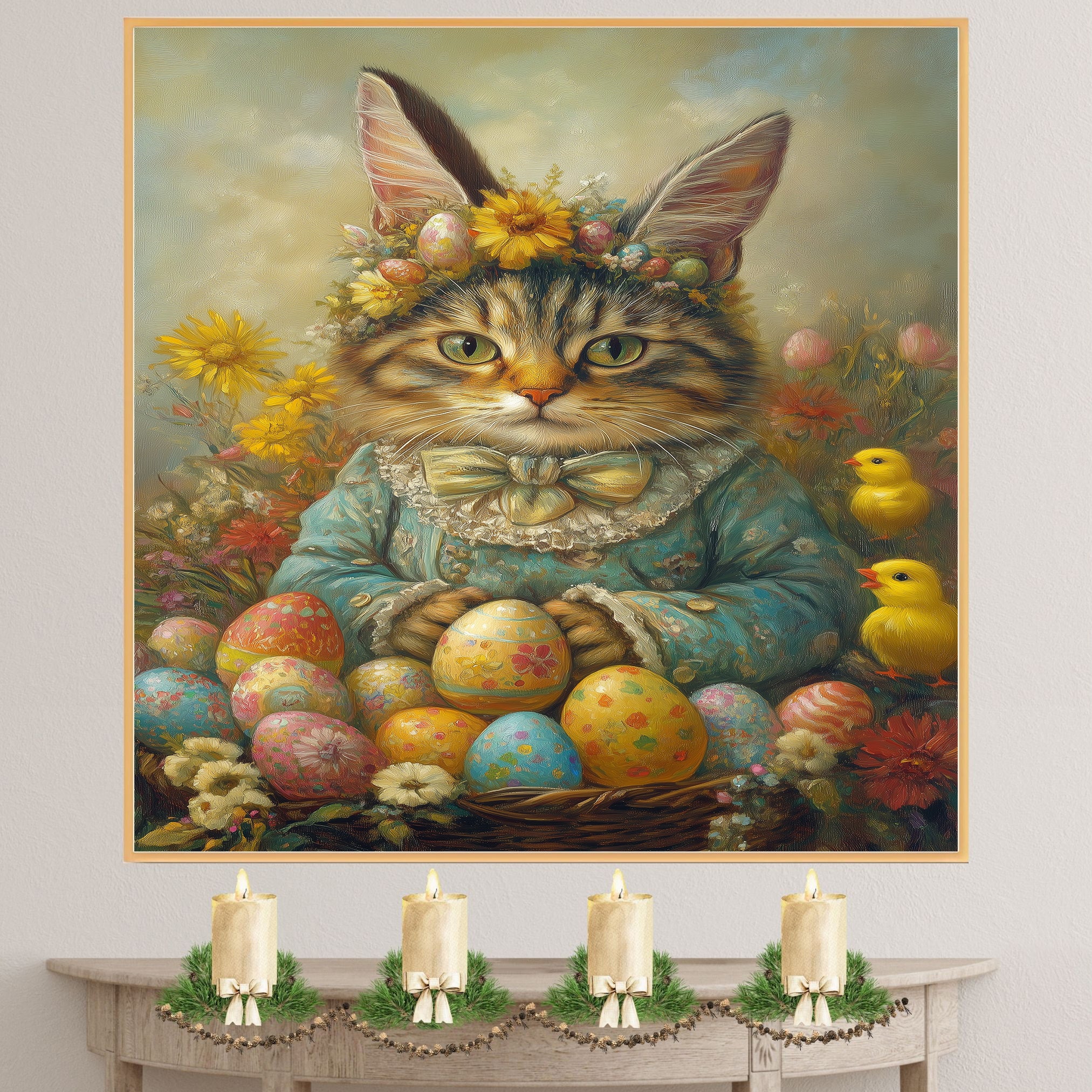 Feline Festivities: Cute Cat Ready for a Springtime Celebration on Canvas Wrap, Framed Print, or Rolled Artwork