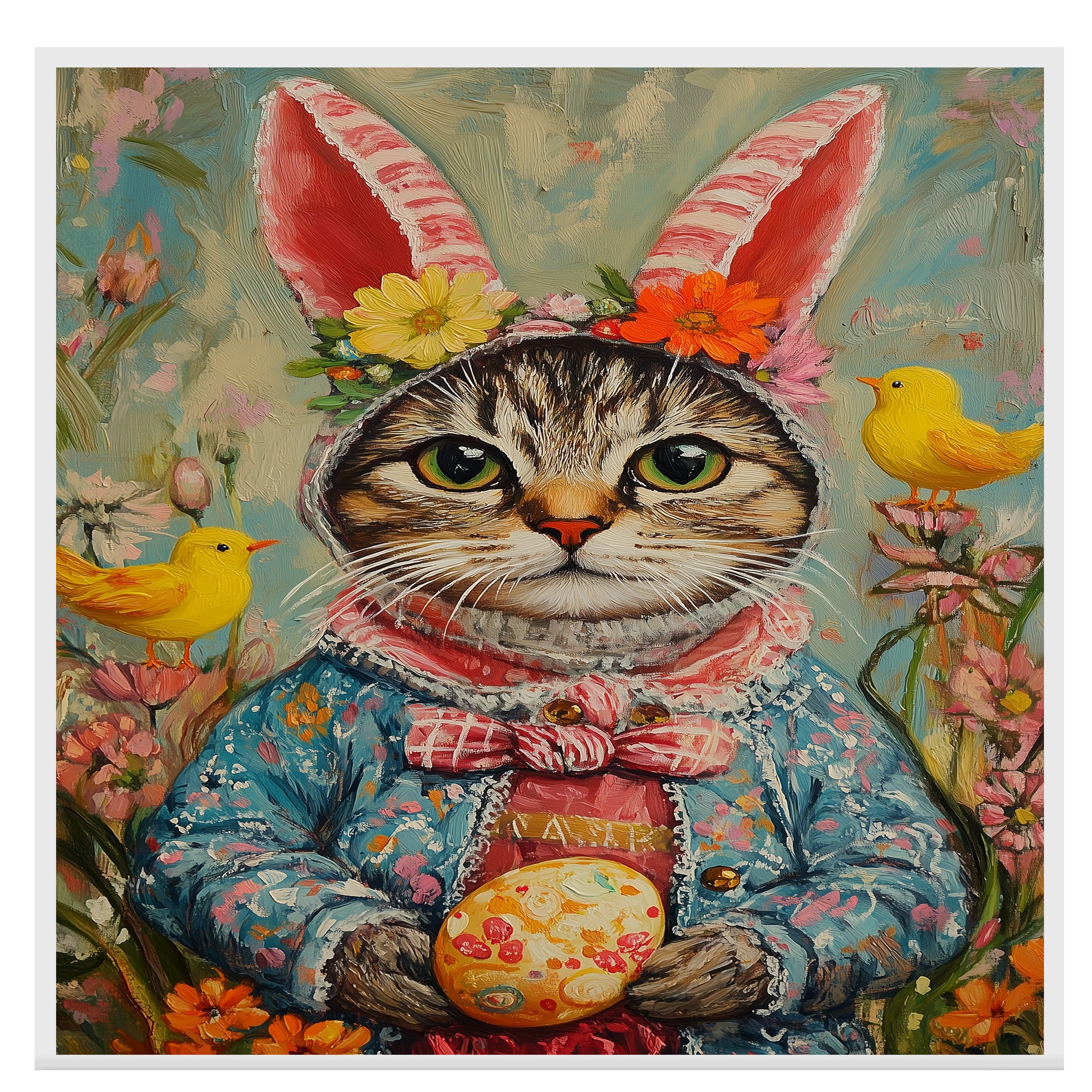 Festive Feline: Adorable Cat Showing Off a Playful Springtime Look on Decorative Canvas Wrap, Framed Print, or Rolled Artwork