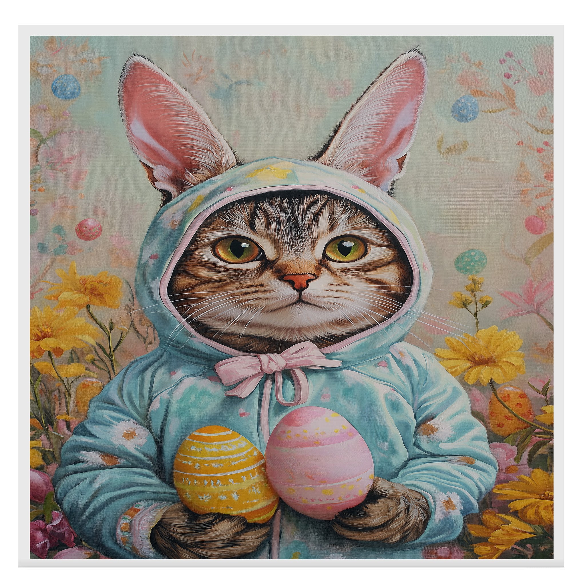 Whiskers in Bloom: Charming Cat Dressed for a Joyful Spring Celebration on Canvas Wrap, Framed Print, or Rolled Artwork
