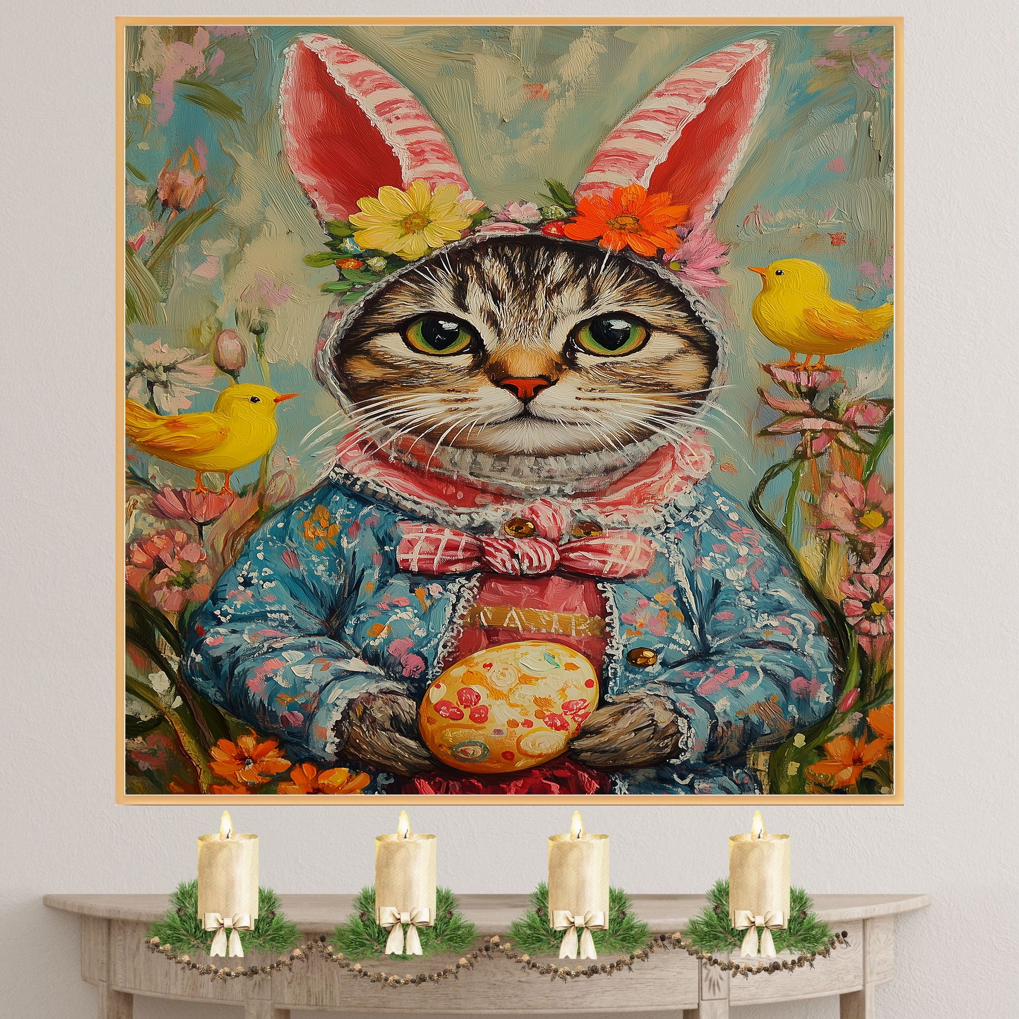 Festive Feline: Adorable Cat Showing Off a Playful Springtime Look on Decorative Canvas Wrap, Framed Print, or Rolled Artwork