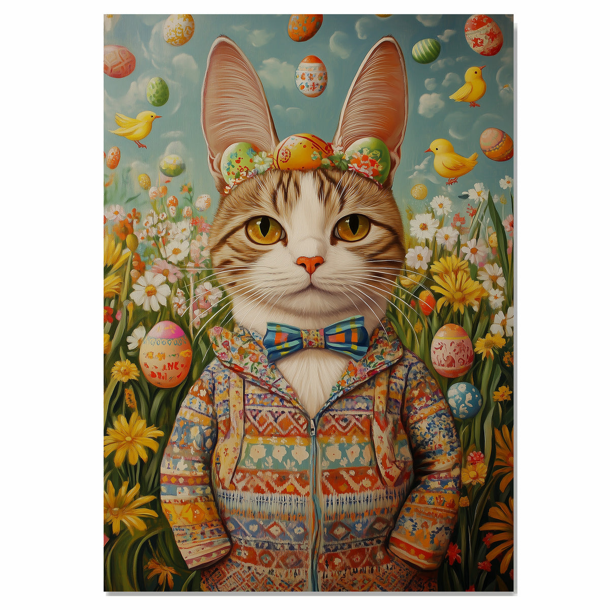 Springtime Whiskers: Playful Cat in a Cheerful Holiday Costume on Canvas Wrap, Framed Print, or Rolled Artwork