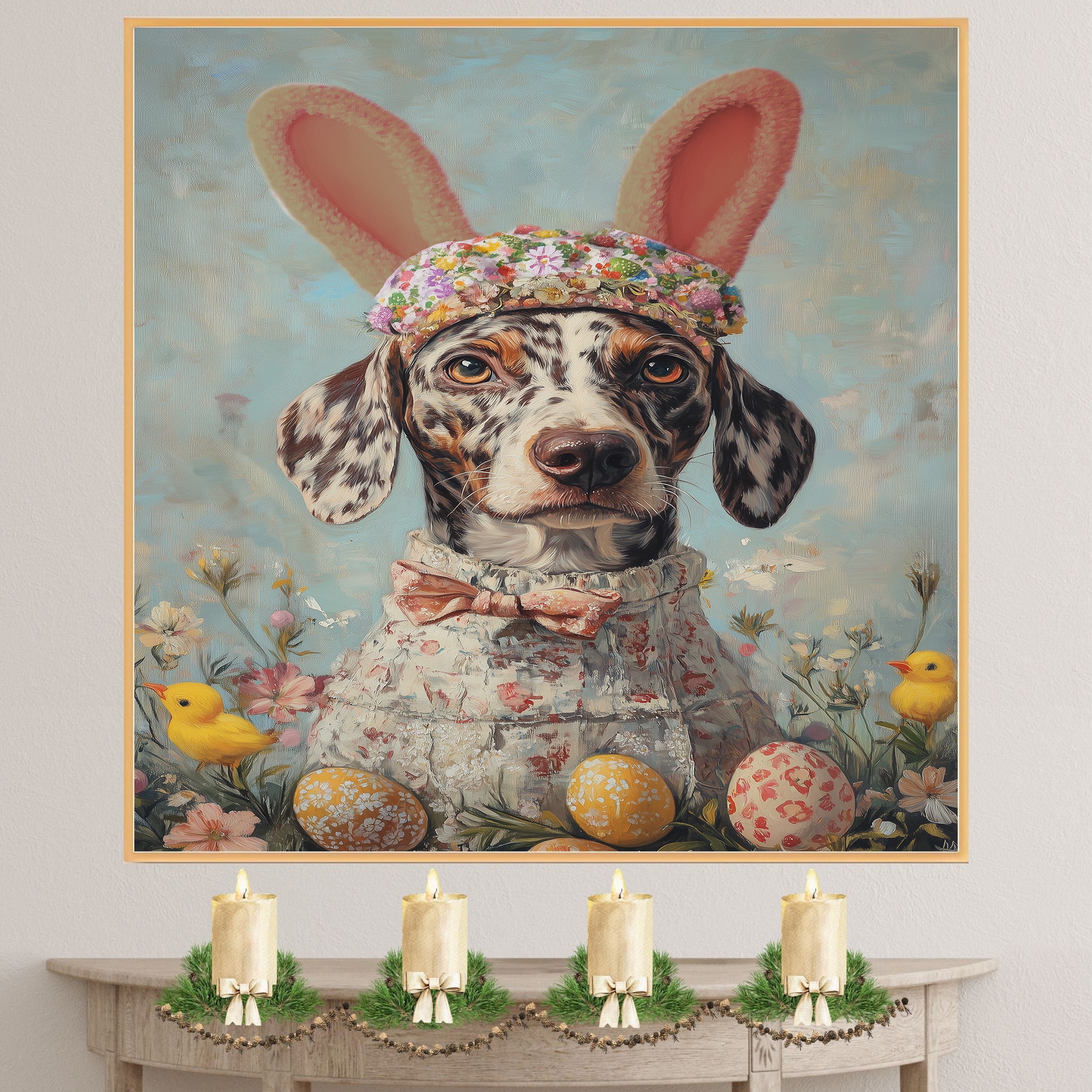 Colorful Canine: Catahoula Leopard Dog in a Charming Springtime Ensemble on Gallery Wrap, Framed Artwork, or Rolled Print