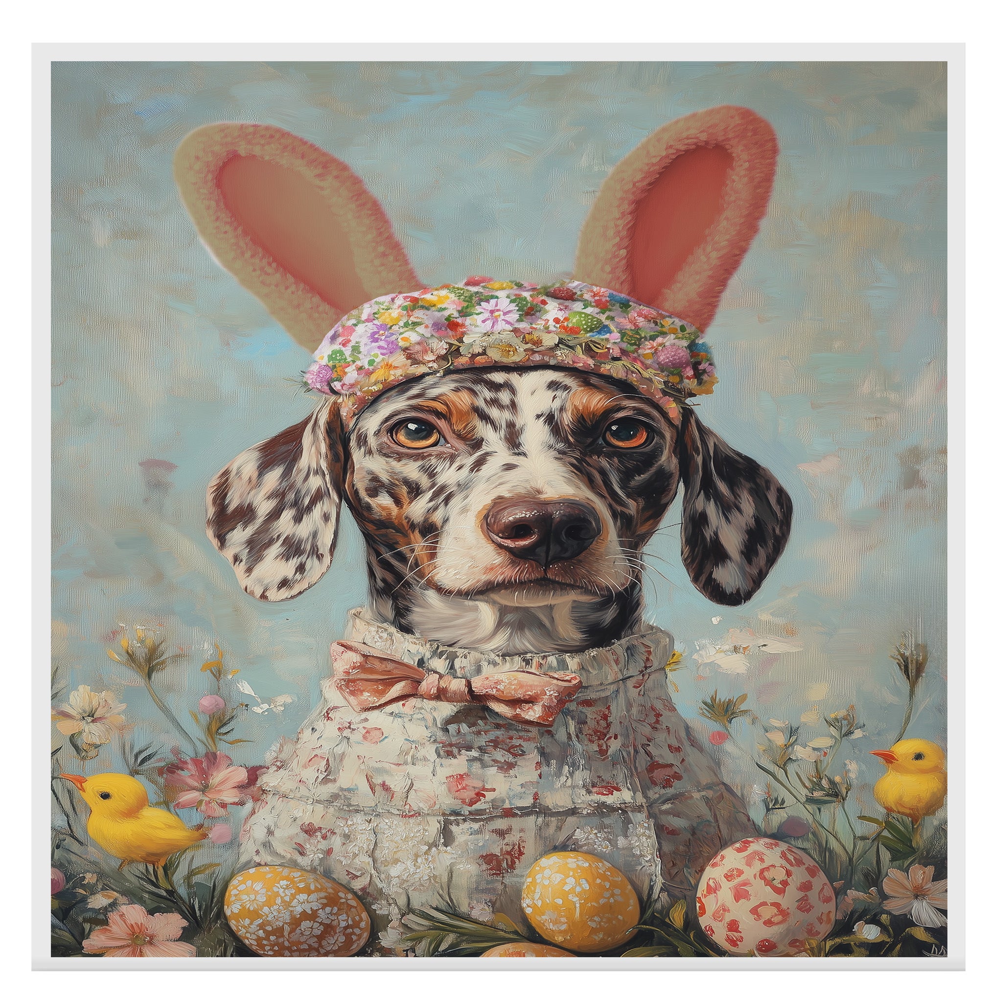 Colorful Canine: Catahoula Leopard Dog in a Charming Springtime Ensemble on Gallery Wrap, Framed Artwork, or Rolled Print