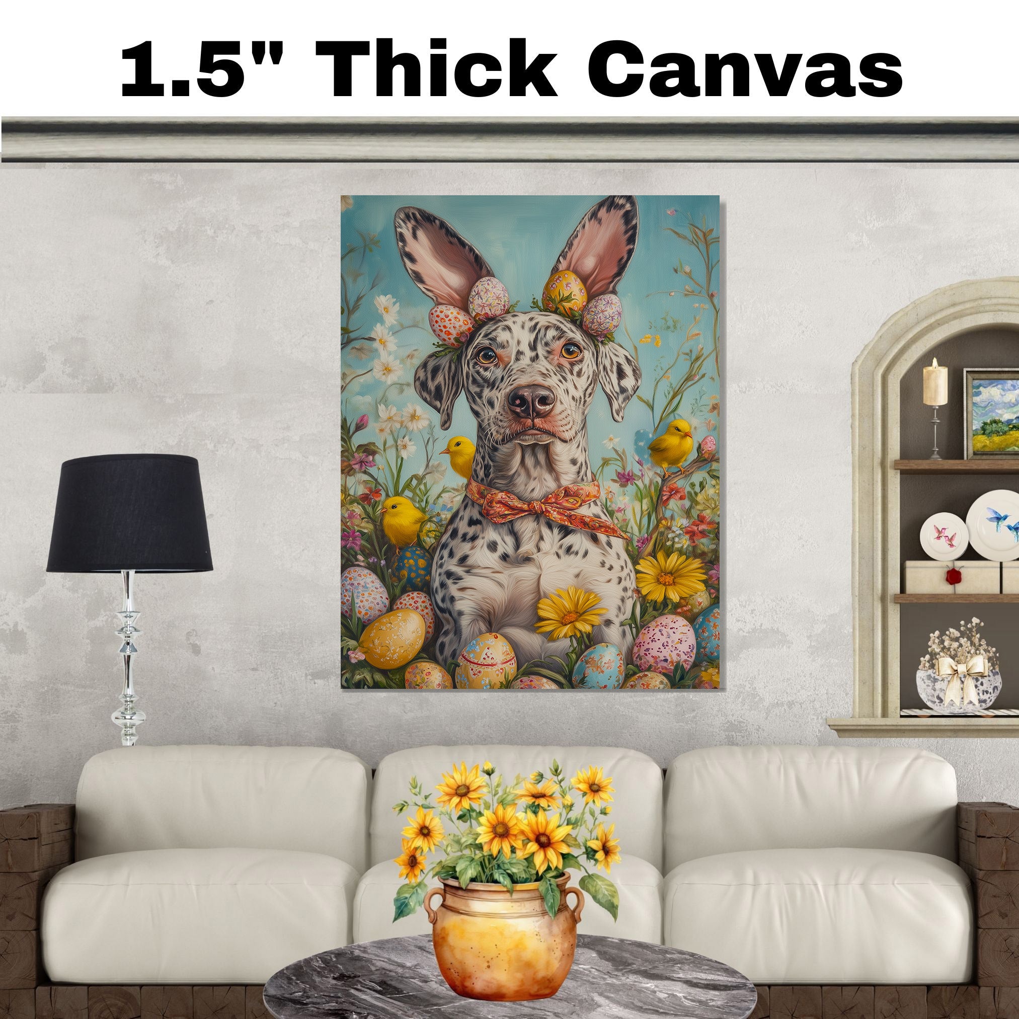 Festive Paws: Catahoula Leopard Dog Dressed for a Cheerful Spring Celebration on Canvas Wrap, Framed Print, or Rolled Artwork