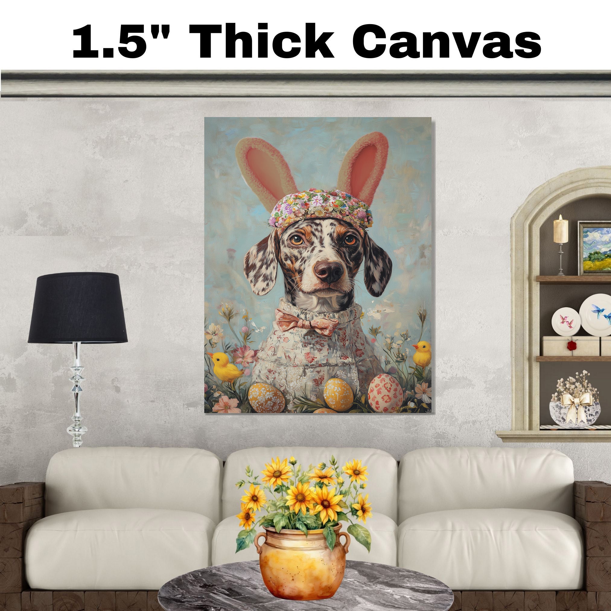 Colorful Canine: Catahoula Leopard Dog in a Charming Springtime Ensemble on Gallery Wrap, Framed Artwork, or Rolled Print