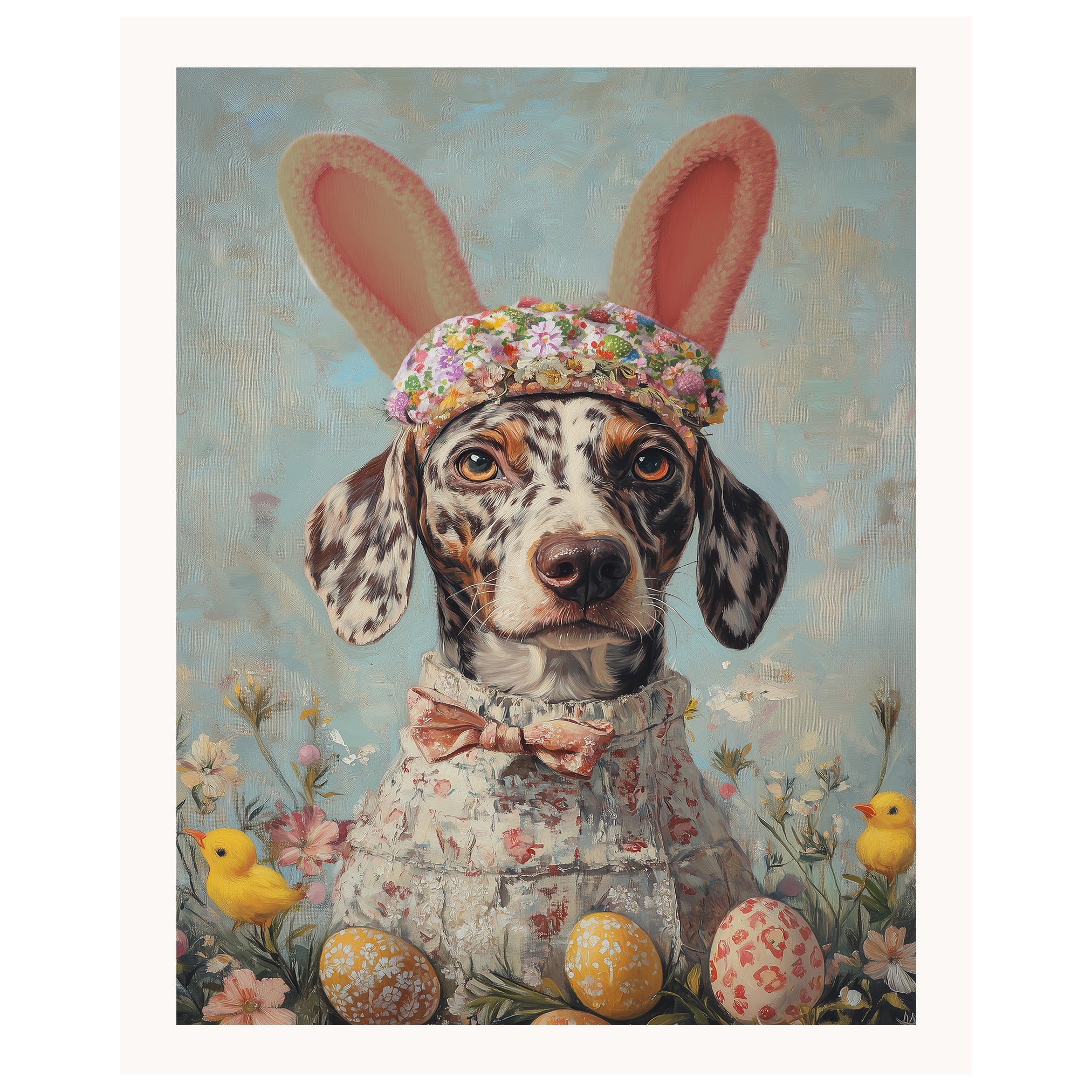 Colorful Canine: Catahoula Leopard Dog in a Charming Springtime Ensemble on Gallery Wrap, Framed Artwork, or Rolled Print
