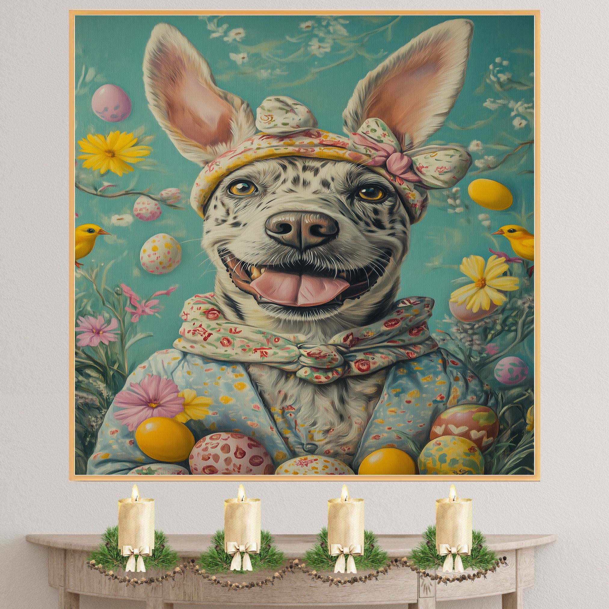 Festive Pup: Catahoula Leopard Dog Dressed for Spring Celebration on Canvas Wrap, Framed Print, or Rolled Artwork