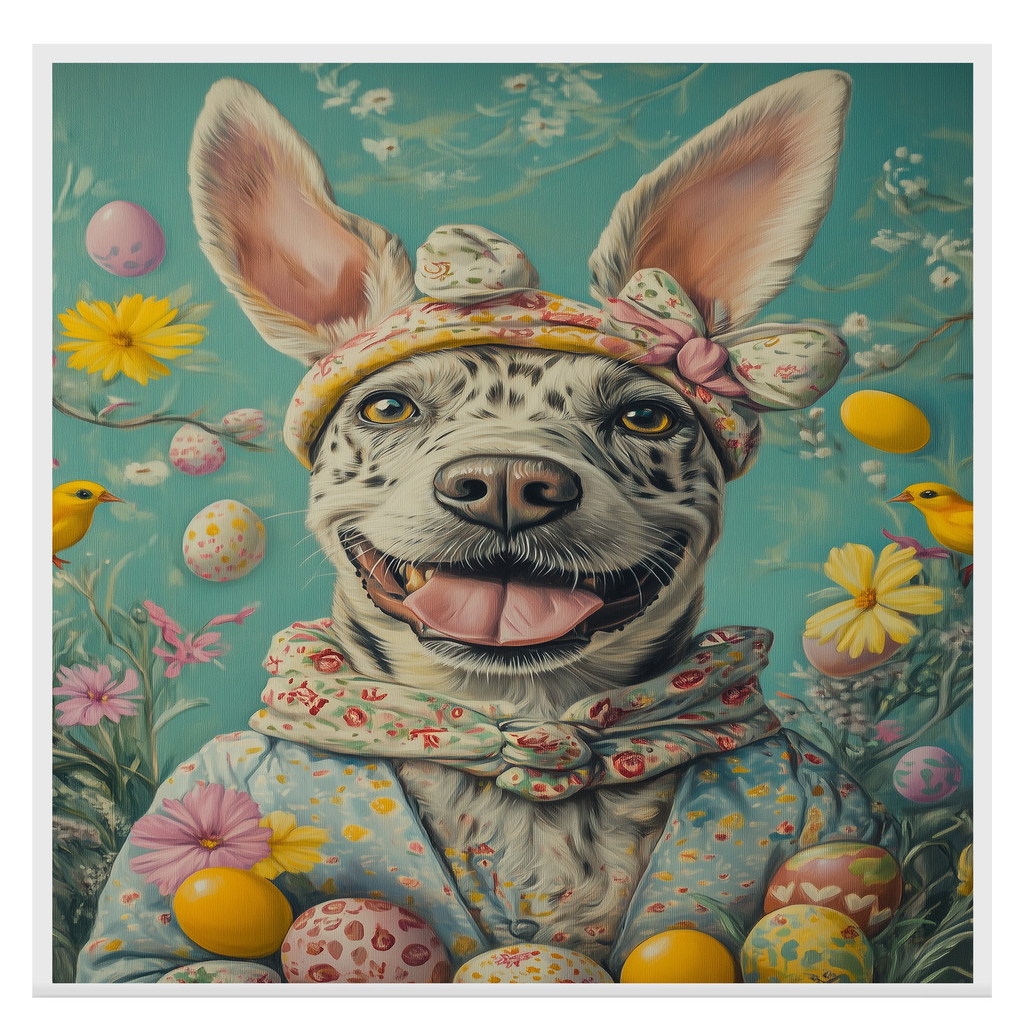Festive Pup: Catahoula Leopard Dog Dressed for Spring Celebration on Canvas Wrap, Framed Print, or Rolled Artwork
