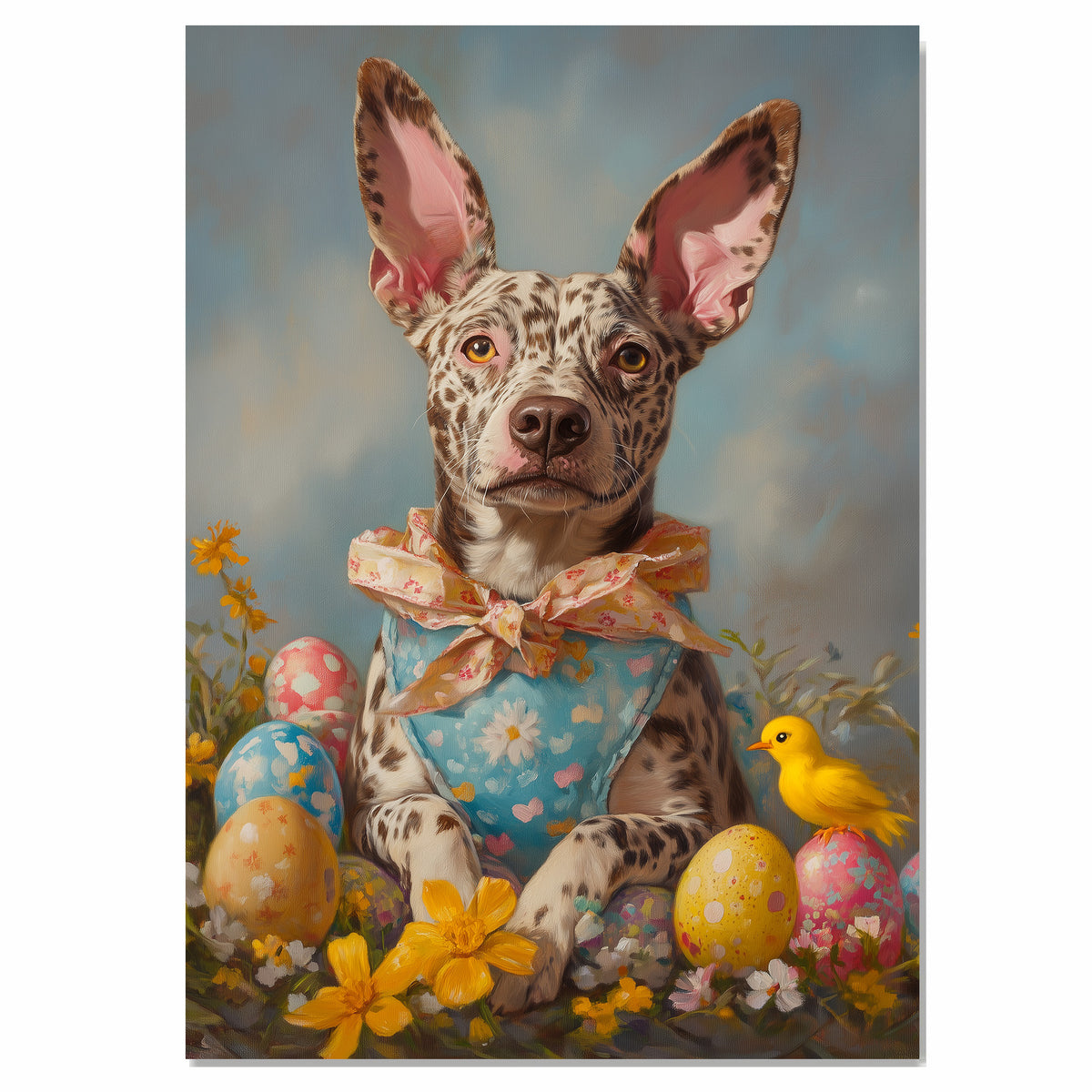 Springtime Charm: Catahoula Leopard Dog in Seasonal Attire on Canvas, Framed Print, or Rolled Art