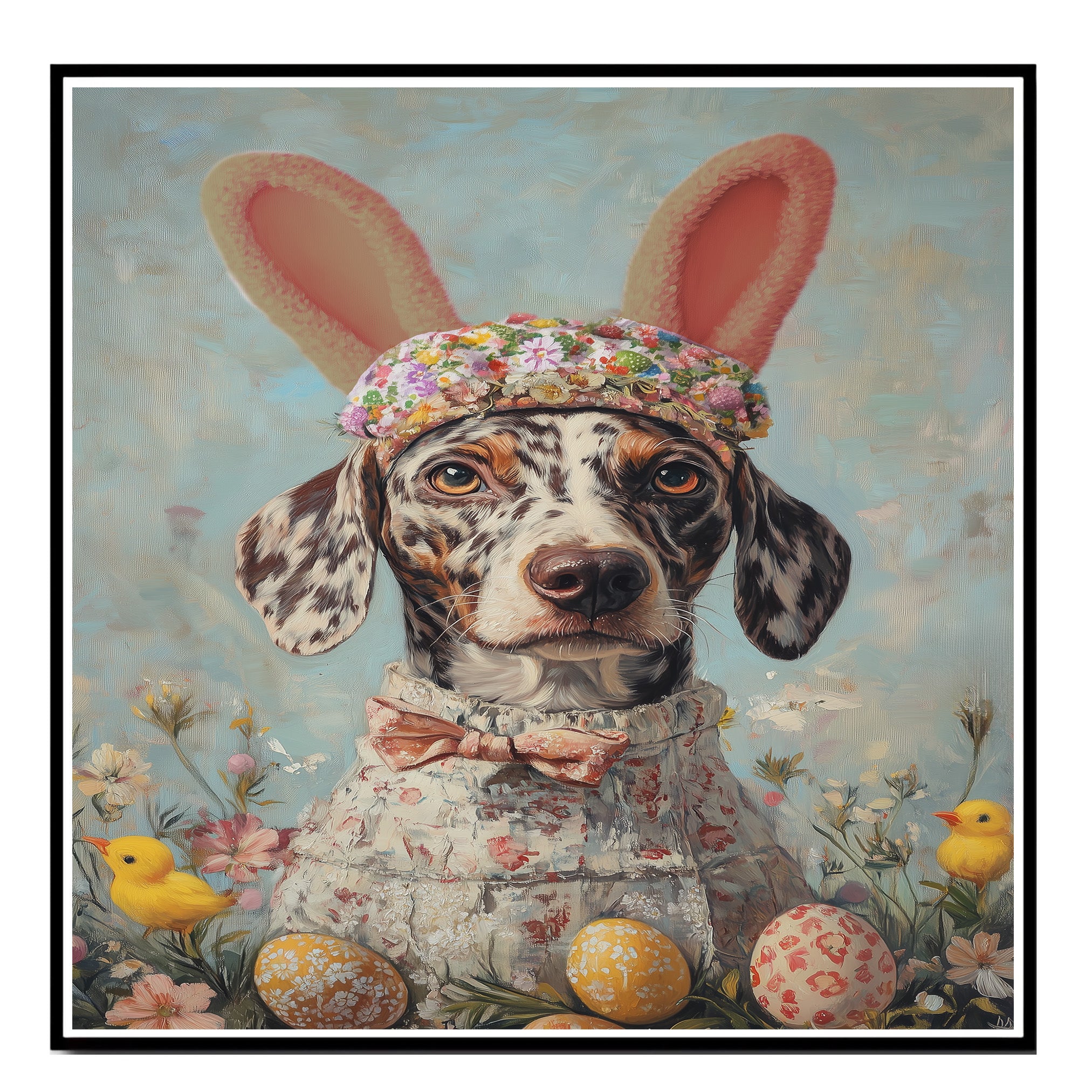 Colorful Canine: Catahoula Leopard Dog in a Charming Springtime Ensemble on Gallery Wrap, Framed Artwork, or Rolled Print