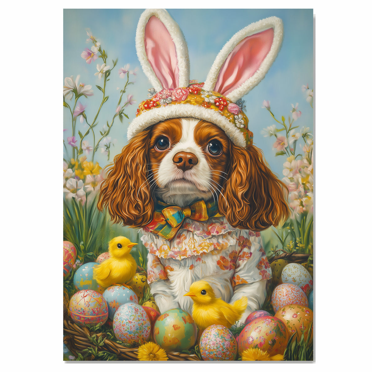 Springtime Charm: Cavalier King Charles Spaniel in a Festive Holiday Attire on Canvas, Framed Print, or Rolled Art