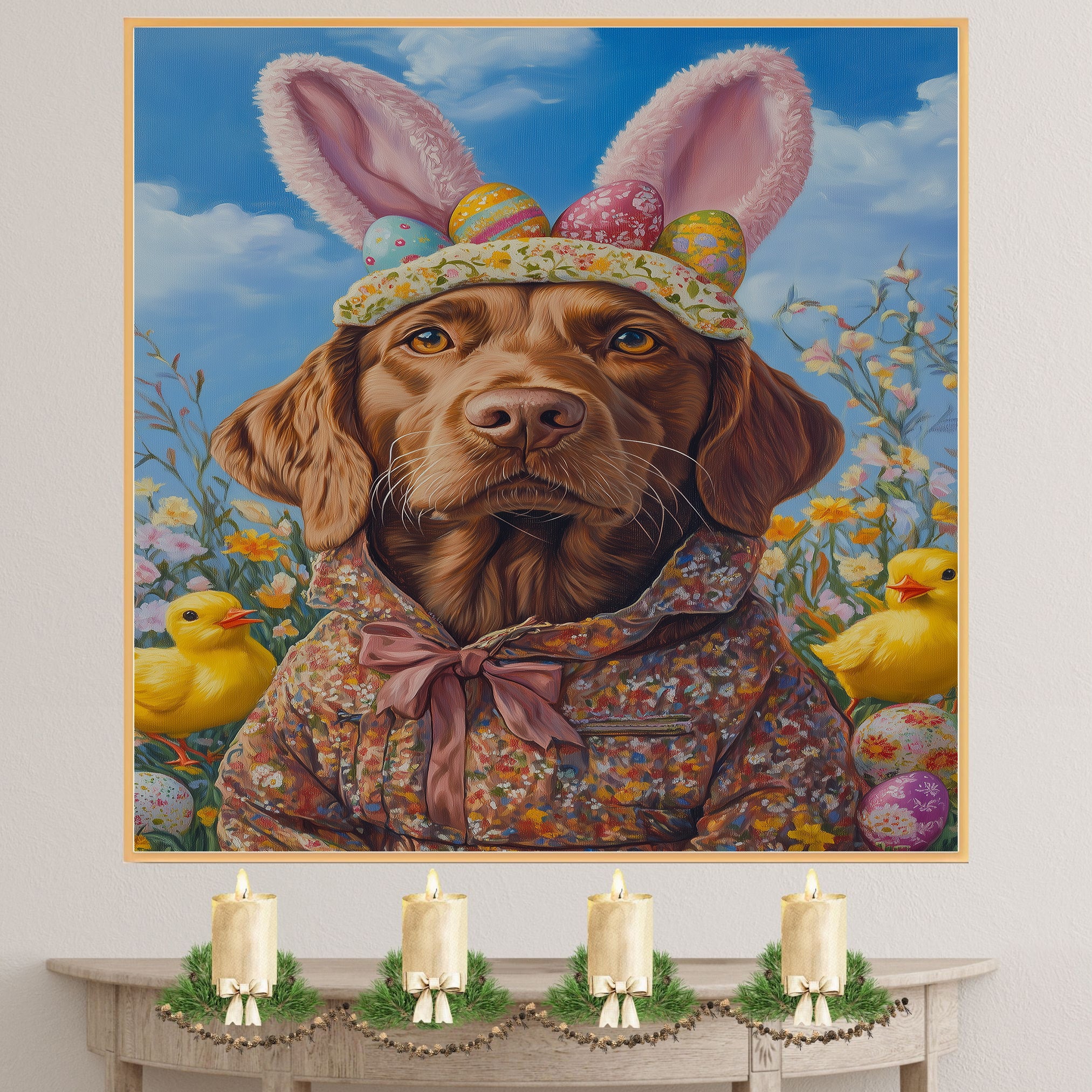 Festive Chesapeake Bay Retriever in Seasonal Attire - Adorable Springtime Artwork on Canvas or Print