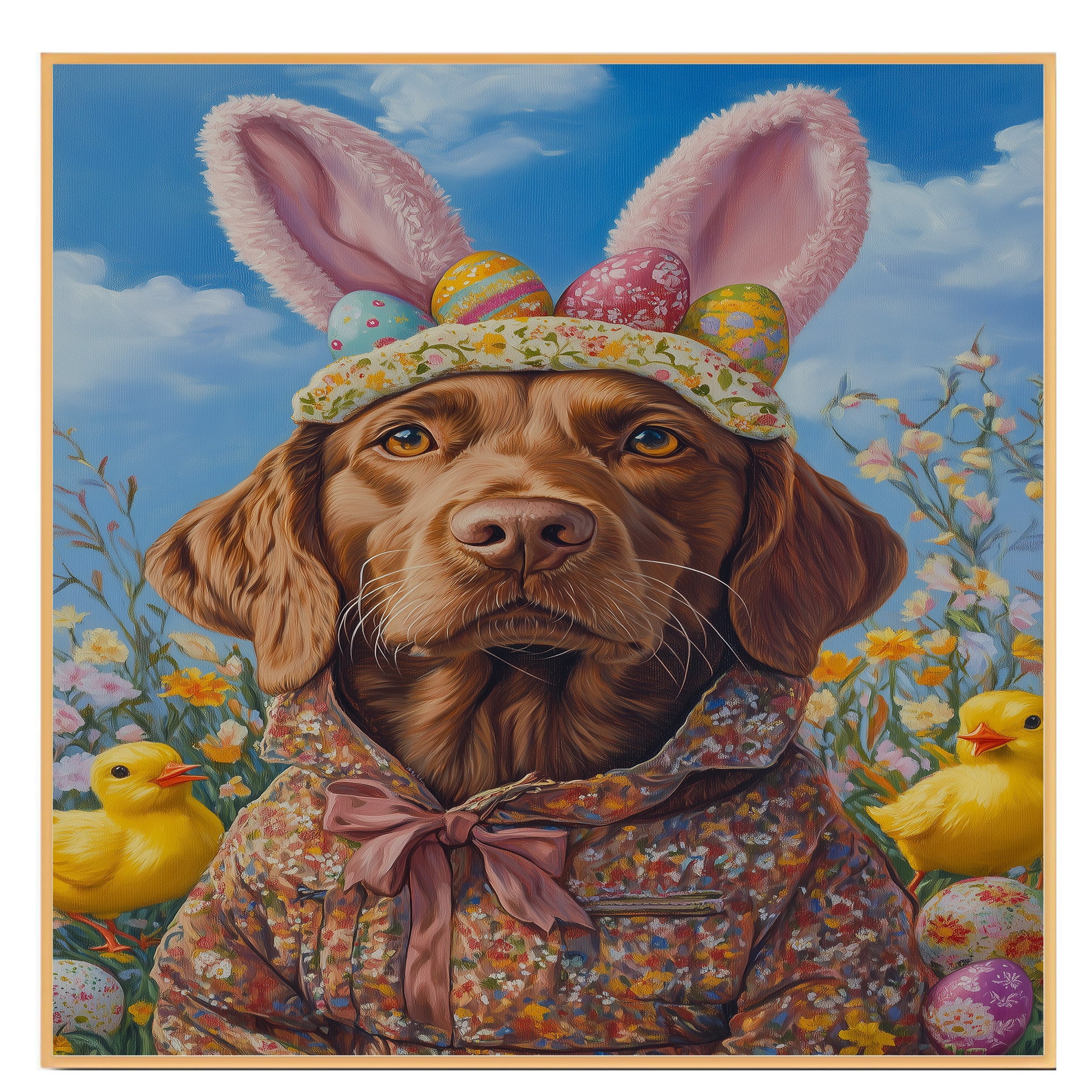 Festive Chesapeake Bay Retriever in Seasonal Attire - Adorable Springtime Artwork on Canvas or Print