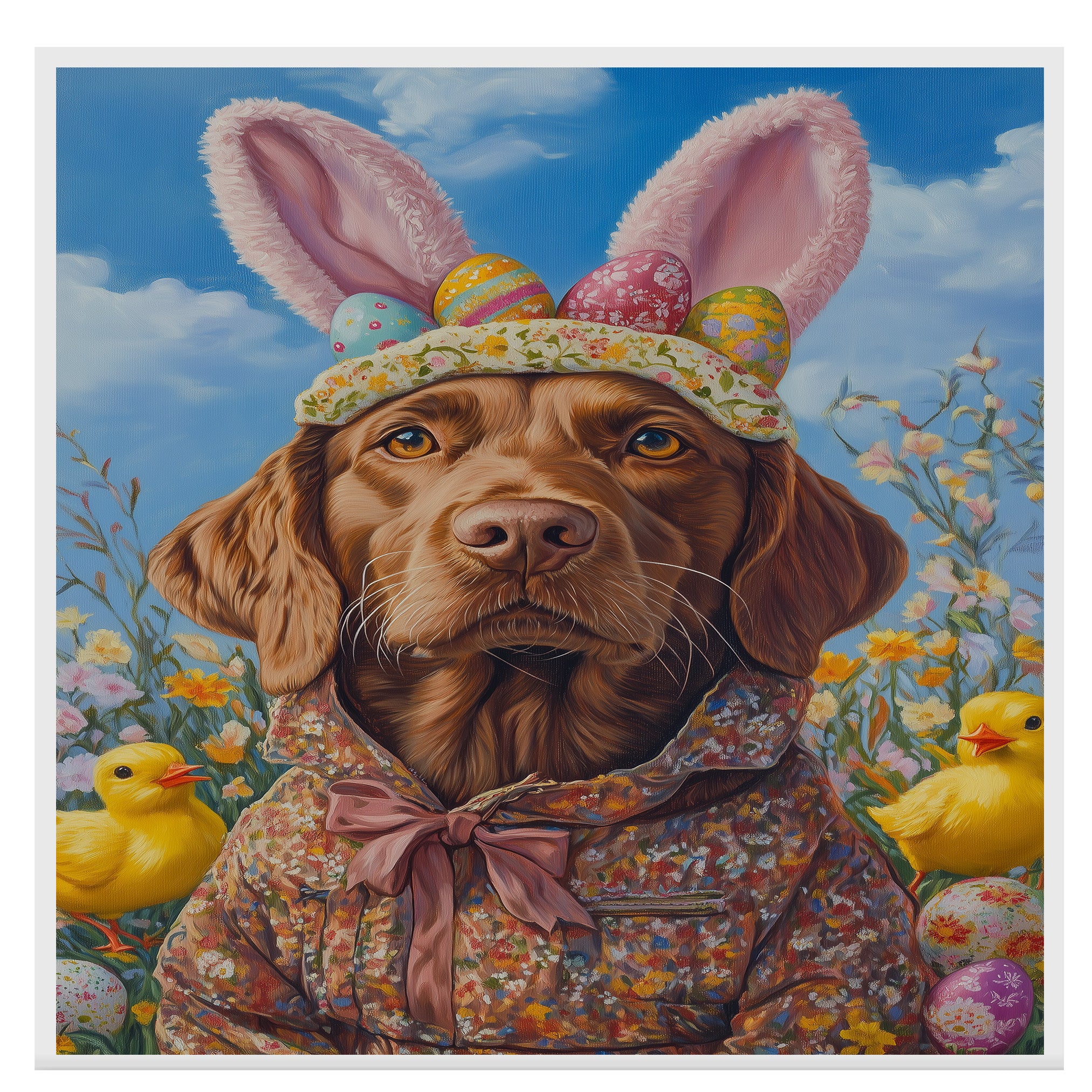 Festive Chesapeake Bay Retriever in Seasonal Attire - Adorable Springtime Artwork on Canvas or Print