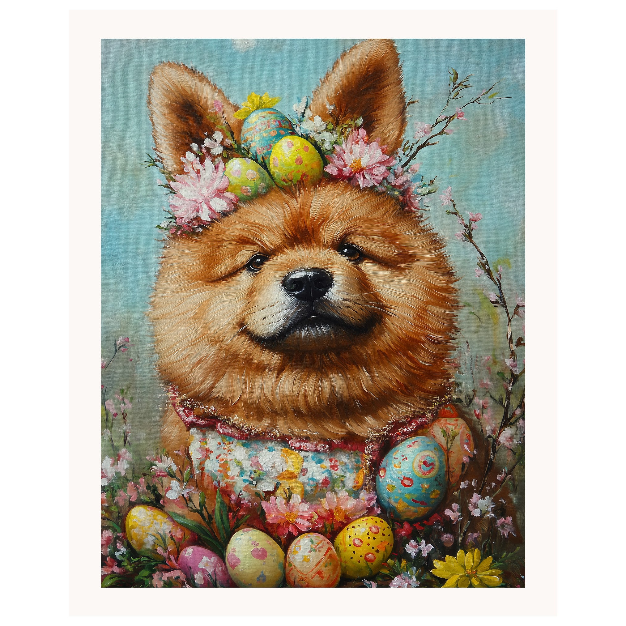 Easter Chow Chow Art, Cute Pet Portrait for Spring Home Decor, Holiday Gifts for Dog Lovers, Dog Wall Art on Canvas Wrap, Framed Print, or Rolled Artwork