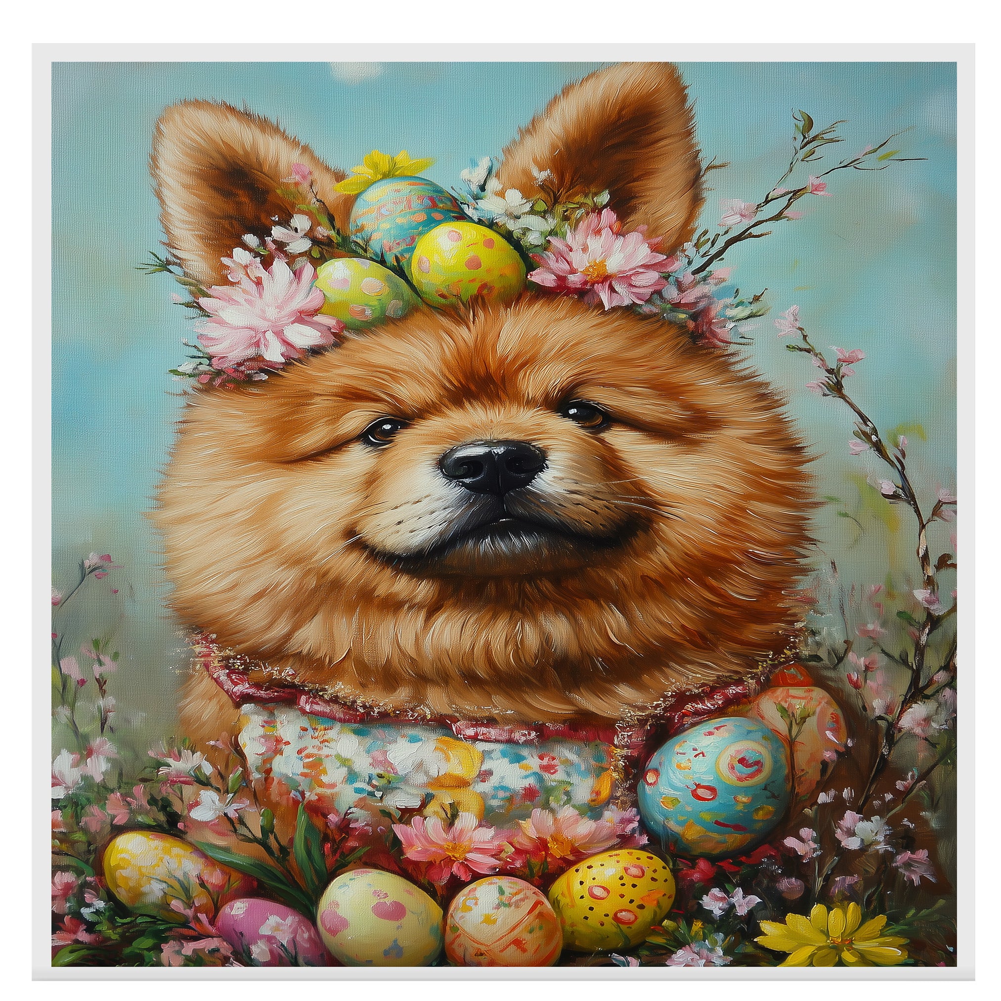 Easter Chow Chow Art, Cute Pet Portrait for Spring Home Decor, Holiday Gifts for Dog Lovers, Dog Wall Art on Canvas Wrap, Framed Print, or Rolled Artwork