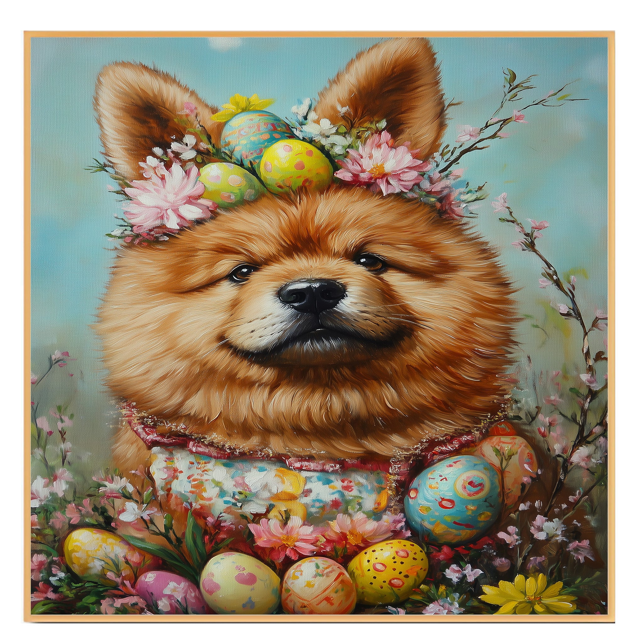 Easter Chow Chow Art, Cute Pet Portrait for Spring Home Decor, Holiday Gifts for Dog Lovers, Dog Wall Art on Canvas Wrap, Framed Print, or Rolled Artwork