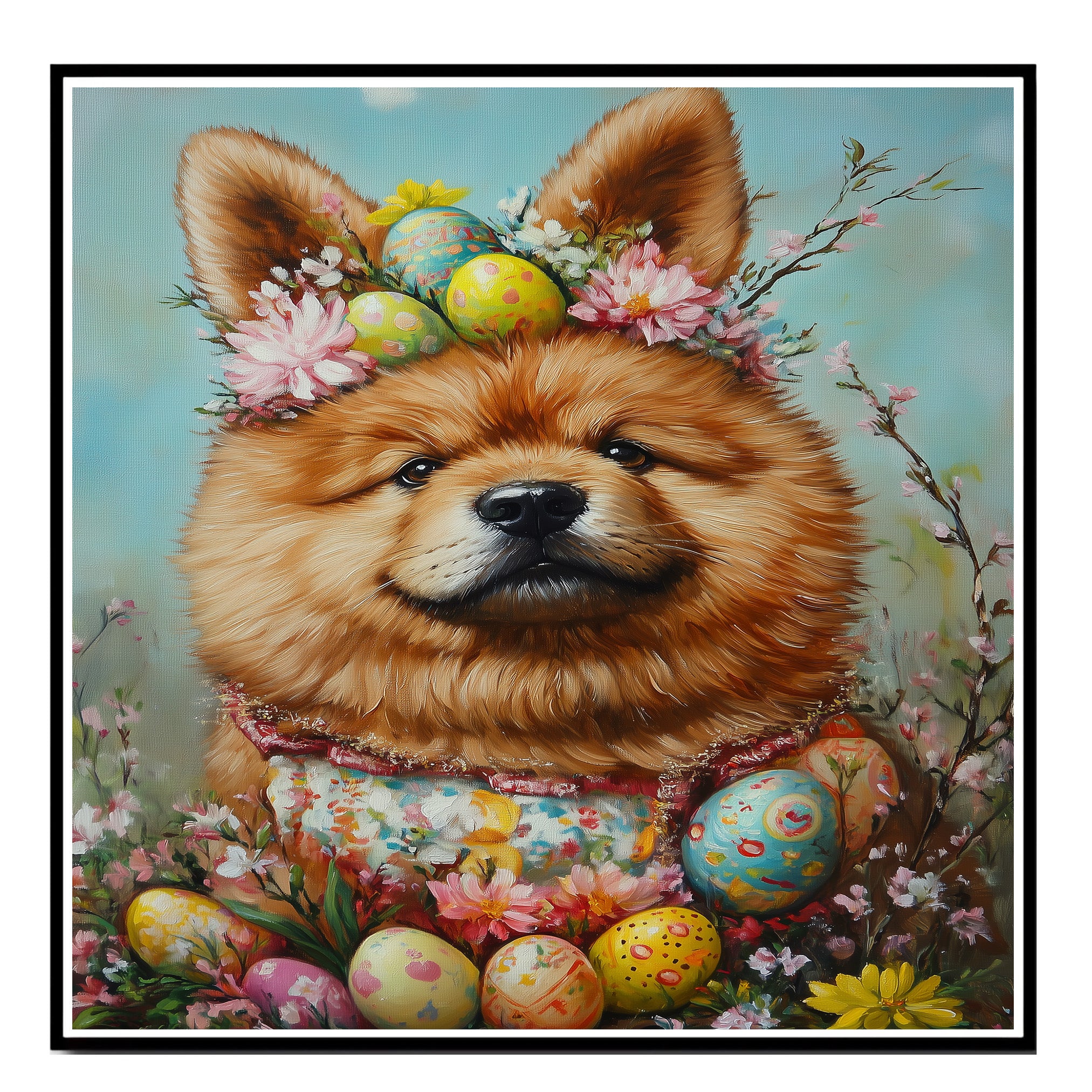 Easter Chow Chow Art, Cute Pet Portrait for Spring Home Decor, Holiday Gifts for Dog Lovers, Dog Wall Art on Canvas Wrap, Framed Print, or Rolled Artwork