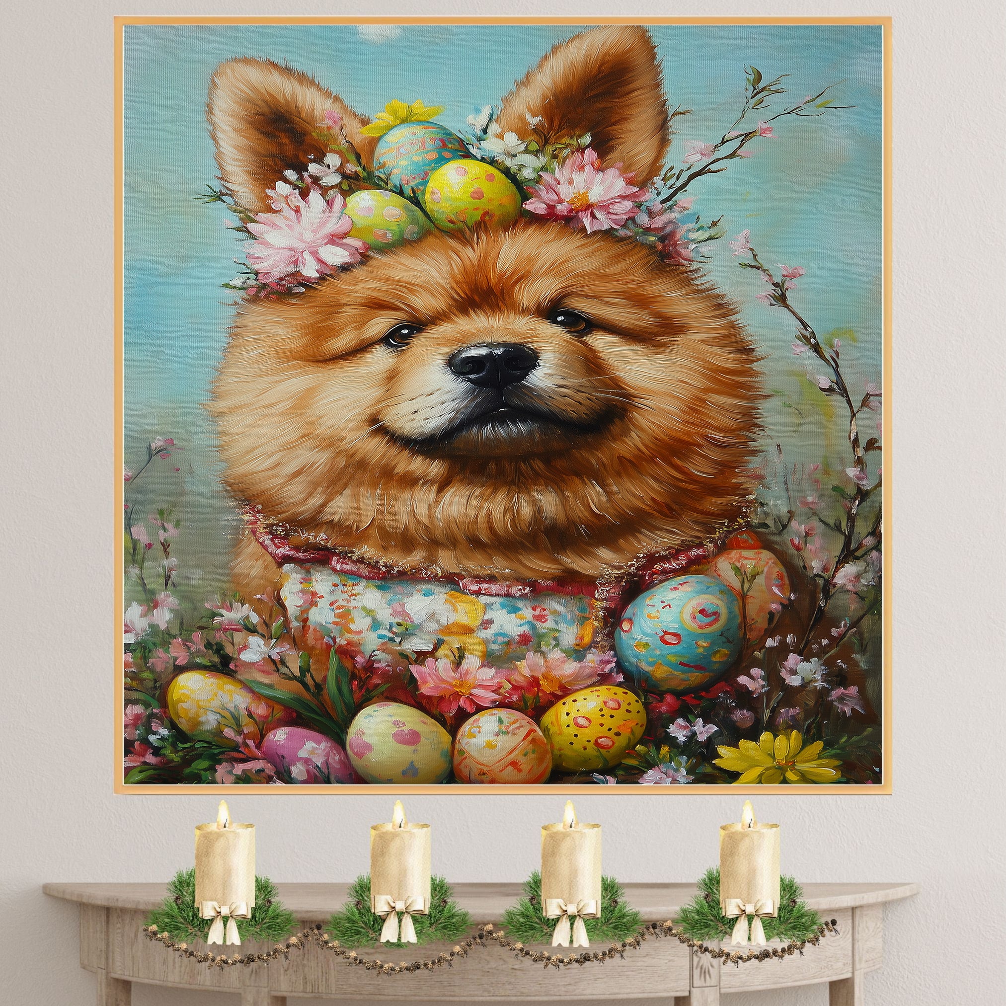 Easter Chow Chow Art, Cute Pet Portrait for Spring Home Decor, Holiday Gifts for Dog Lovers, Dog Wall Art on Canvas Wrap, Framed Print, or Rolled Artwork