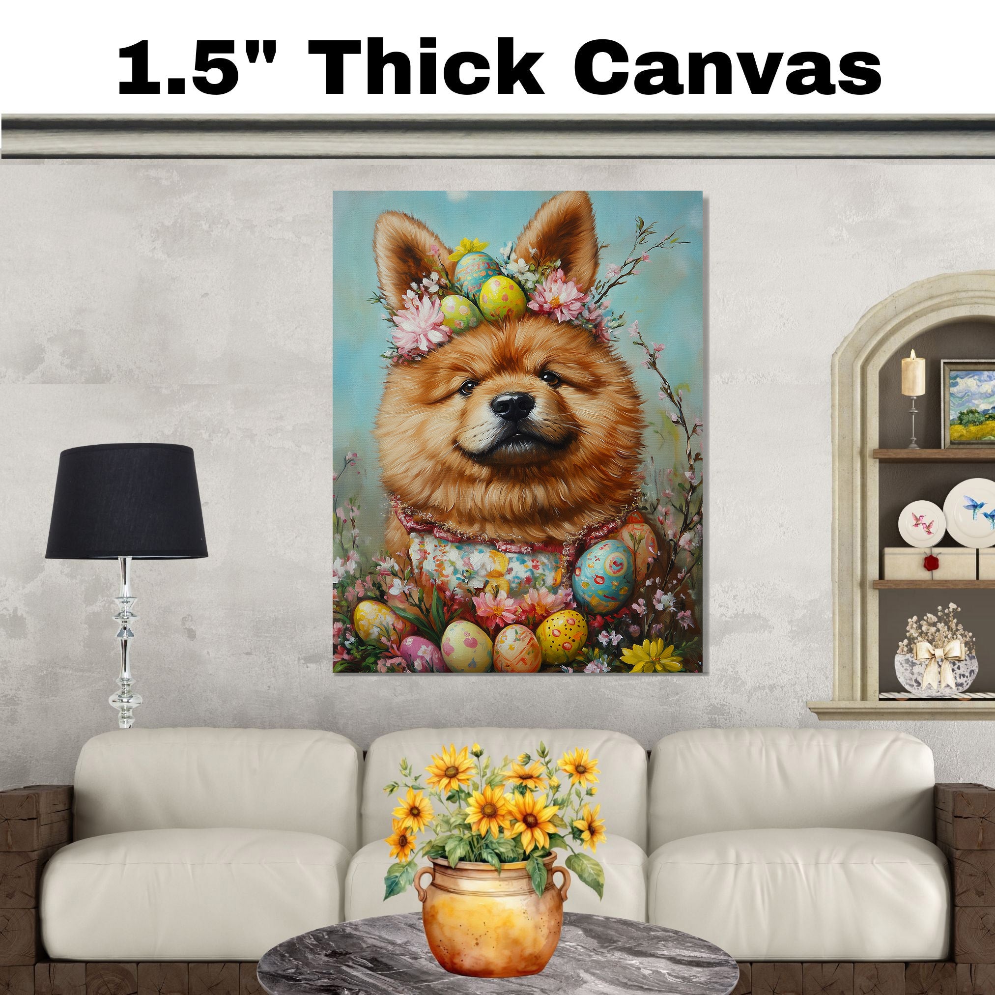 Easter Chow Chow Art, Cute Pet Portrait for Spring Home Decor, Holiday Gifts for Dog Lovers, Dog Wall Art on Canvas Wrap, Framed Print, or Rolled Artwork
