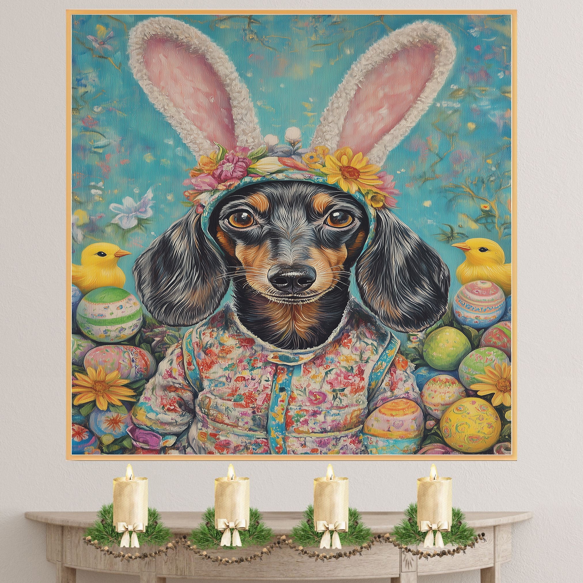 Dachshund in Easter Apparel, Cute Pet Portrait for Spring Home Decor, Holiday Gifts for Dog Lovers, Dog Wall Art on Canvas Wrap, Framed Print, or Rolled Artwork