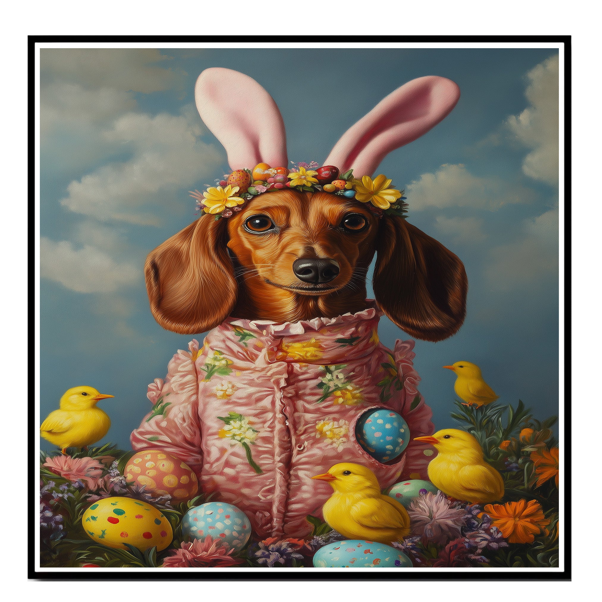 Dachshund in Easter Outfit, Cute Pet Portrait for Spring Home Decor, Holiday Gifts for Dog Lovers, Dog Wall Art on Canvas Wrap, Framed Print, or Rolled Artwork
